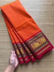 Orange with red & green combination Kanchi cotton saree with Annam & elephant pattern contrast double color border