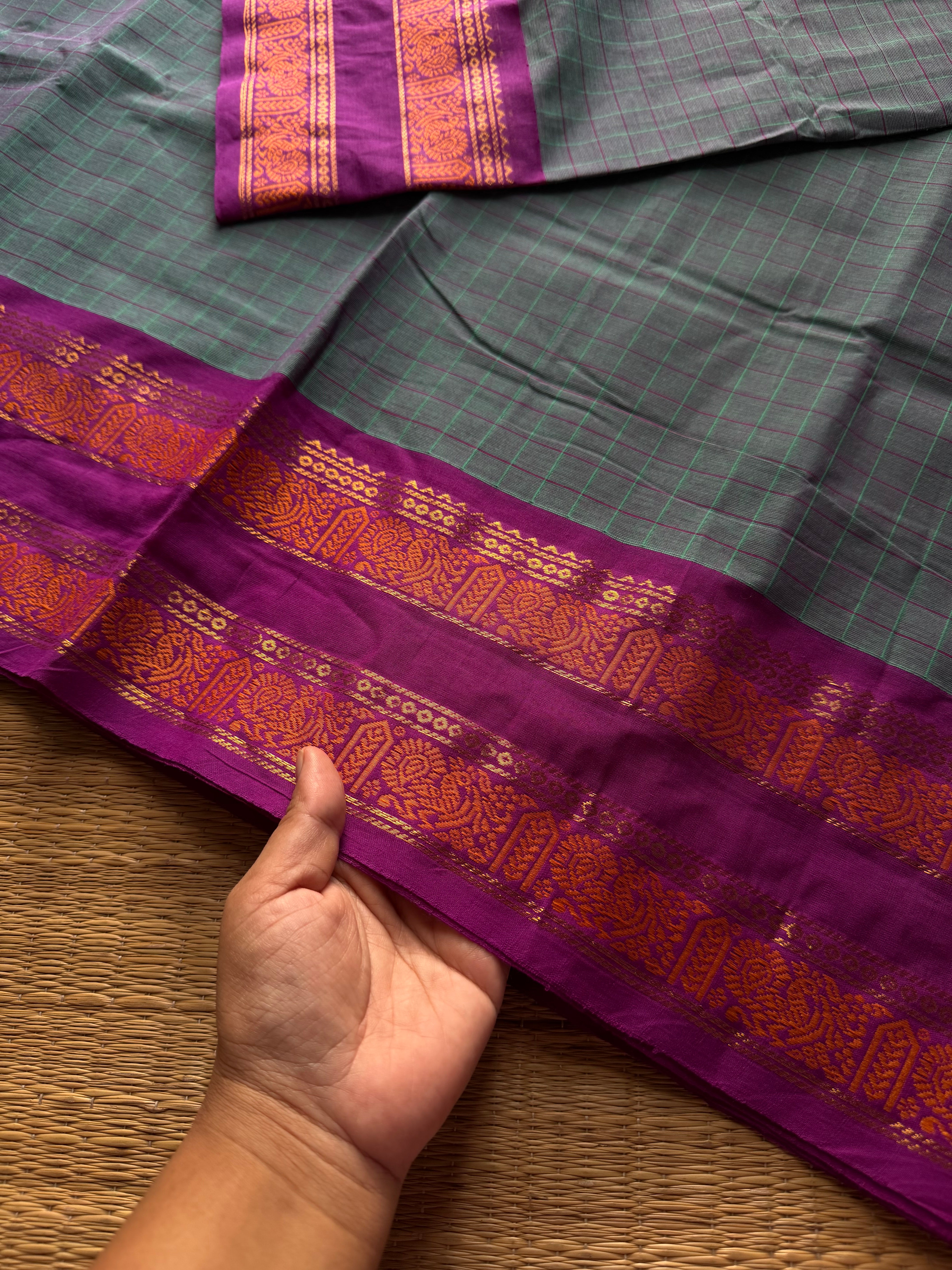 RF1249 Vintage Kattam ~ Greyish ice blue Premium Kanchi Cotton Saree with Minimal Zari & checks pattern