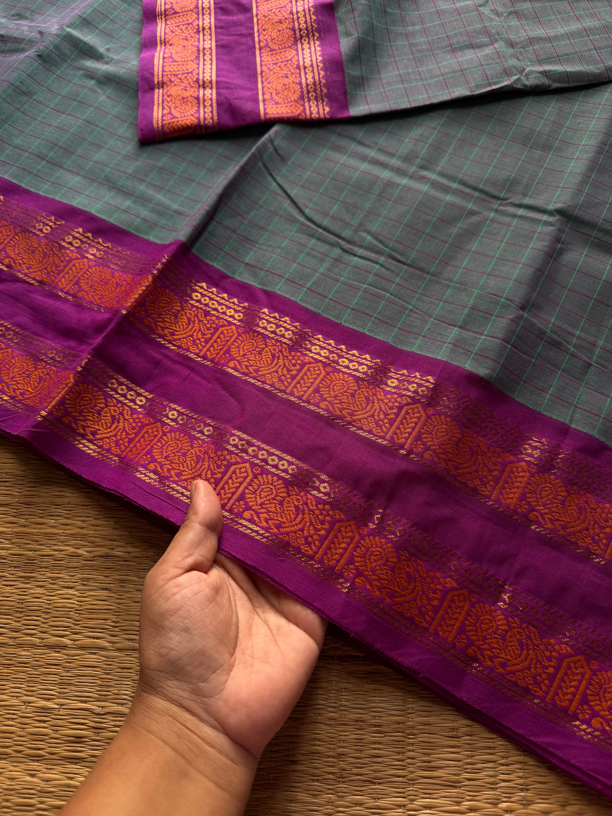 RF1249 Vintage Kattam ~ Greyish ice blue Premium Kanchi Cotton Saree with Minimal Zari & checks pattern
