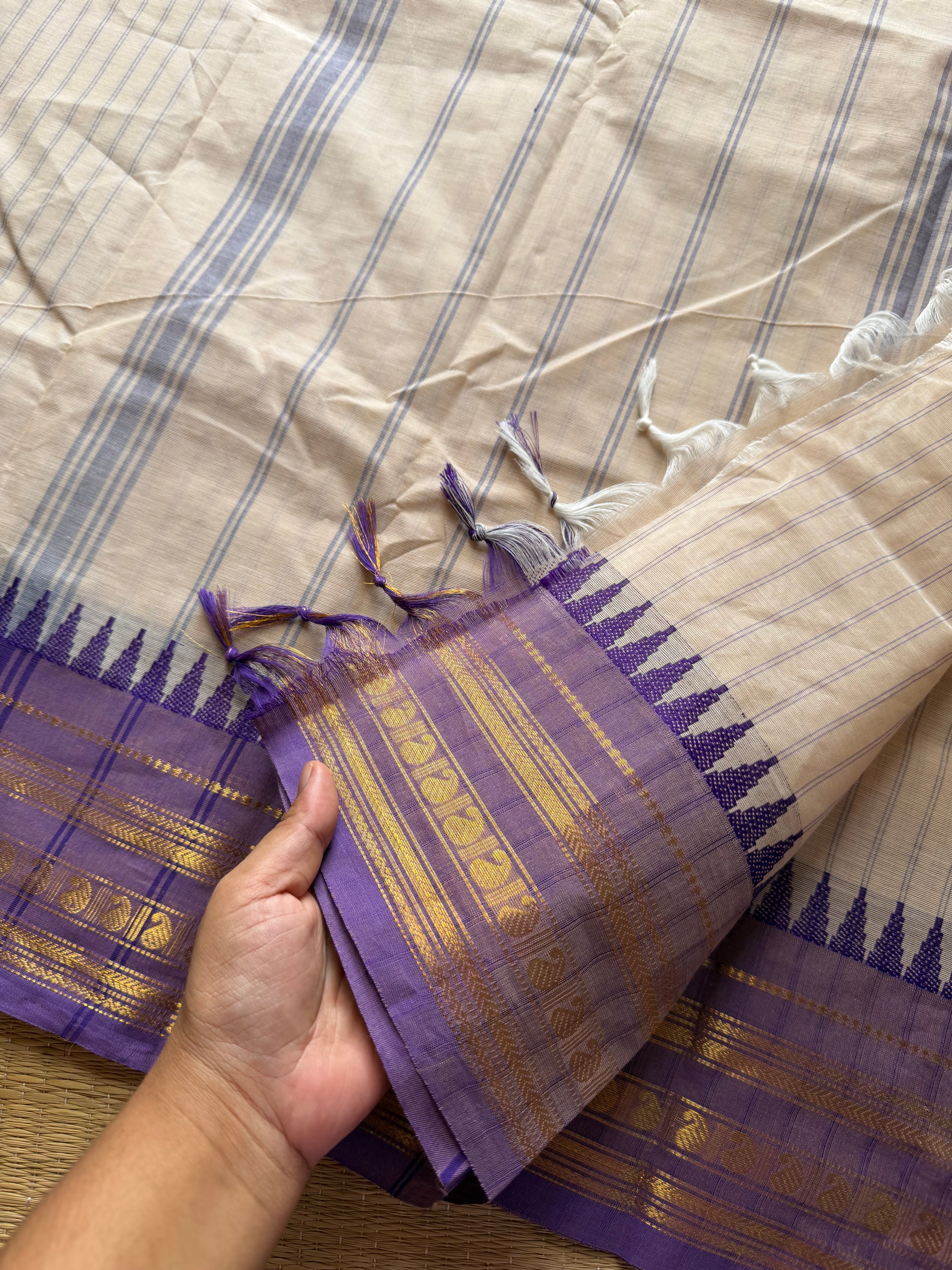 RF289 Half white with pastel purple combination Kanchi cotton saree with stripped pattern