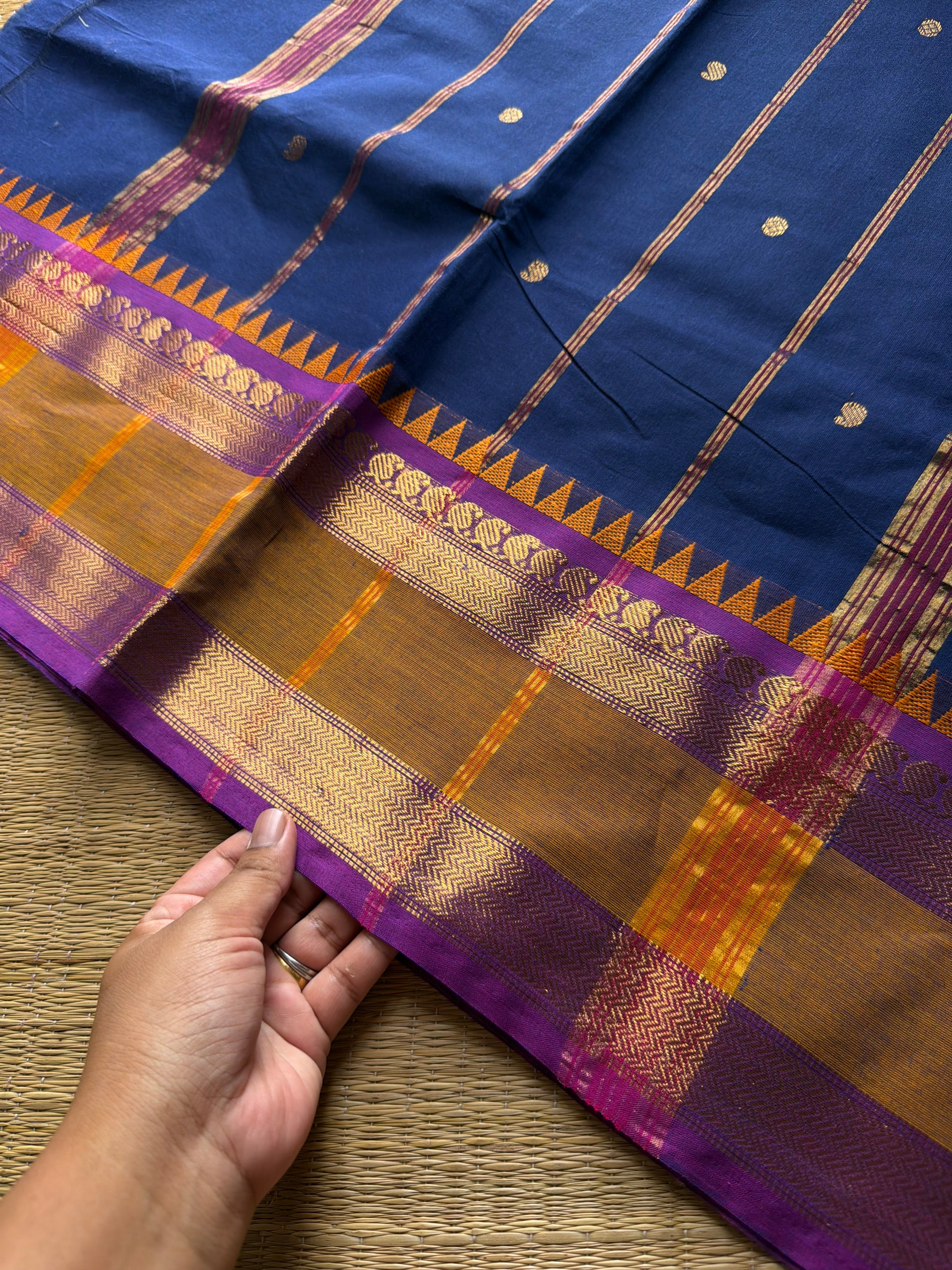 RF904 Navy blue ~ Kanchi cotton saree with handmade thread buttas