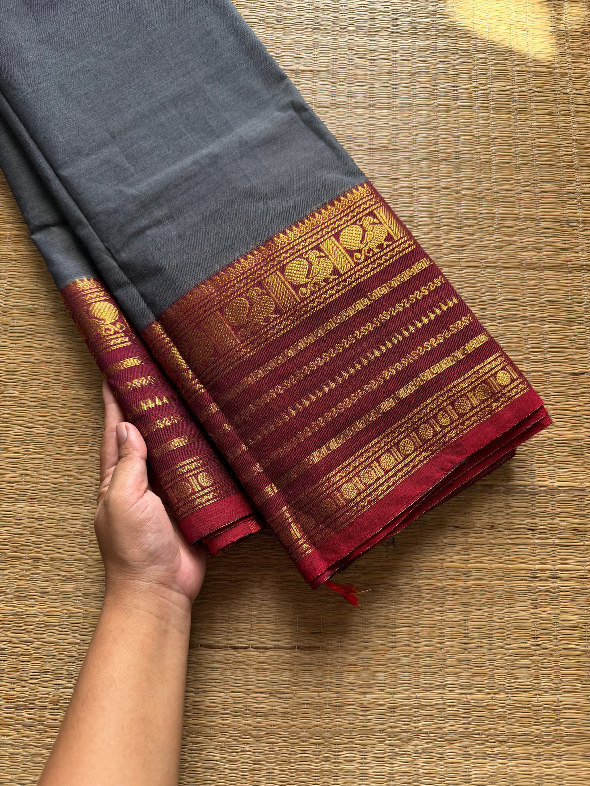 RF1081 Grey with maroon combination Kanchi cotton saree
