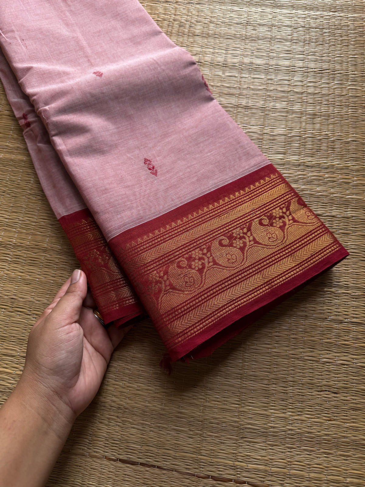 RF545 Light pastel peach shade Kanchi cotton saree with handmade thread buttas