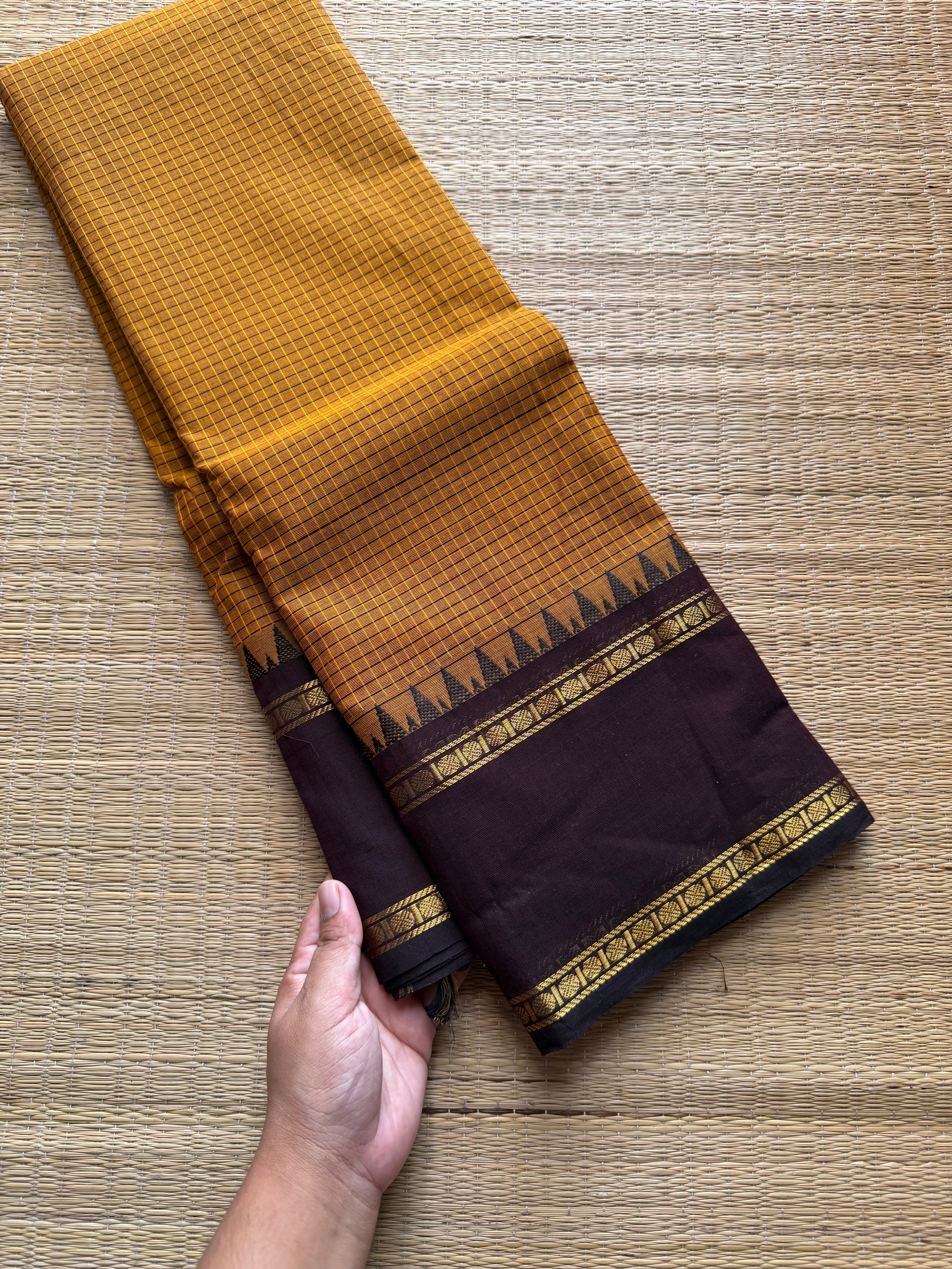 RF720 Vintage edition ~ Mustard yellow with brown Kanchi cotton saree with podi kattam / small checks pattern