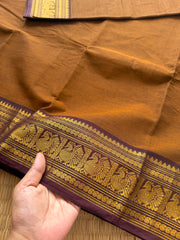 RF153 Coffee shade with contrast dark brown medium size golden Zari border with Annam pattern