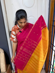 RF533 Mango shade with contrast pink combination Vintage l Border Kanchi Cotton Saree With kattam / checks pattern & handwoven Buttas on the border