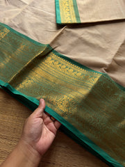 RF1307 Beige with light teal green combination Kanchi cotton saree