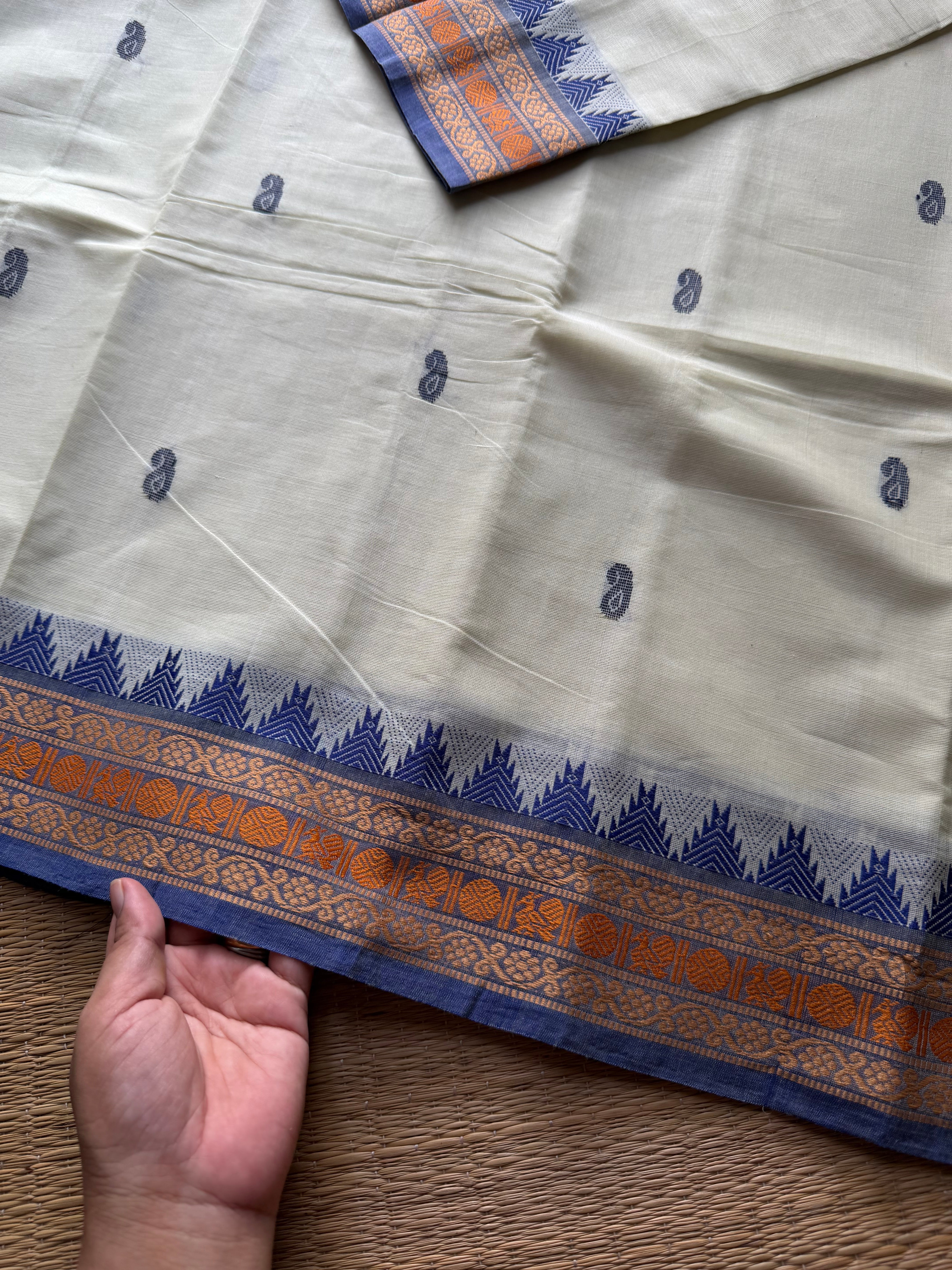 Elegant Thread Border ~ Pastel shade Kanchi Cotton Saree with small Thazhampoo pattern thread border & handmade thread buttas