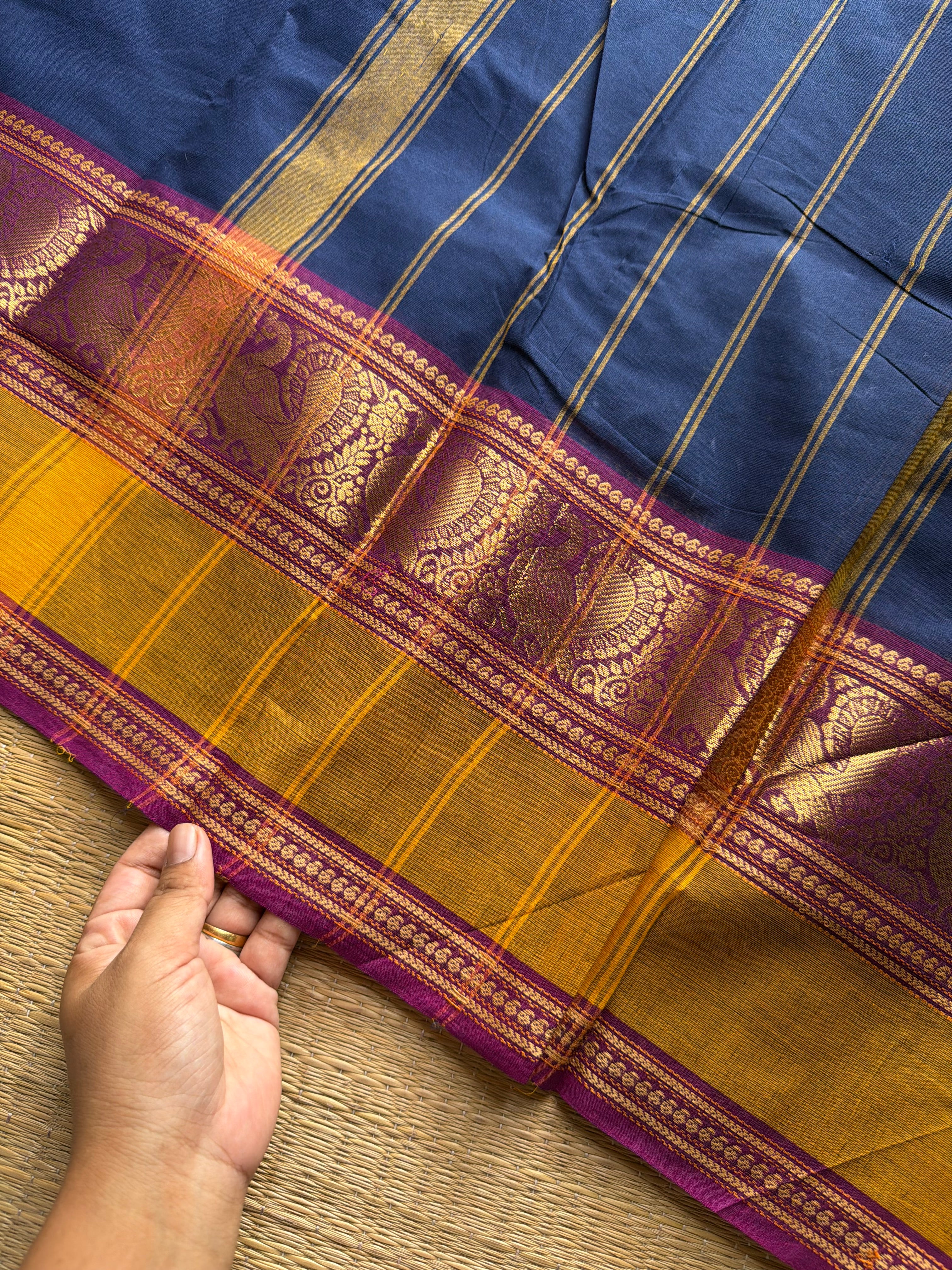 RF1003 Blue ~ Kanchi cotton saree with Annam pattern gap border