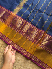 RF1003 Blue ~ Kanchi cotton saree with Annam pattern gap border