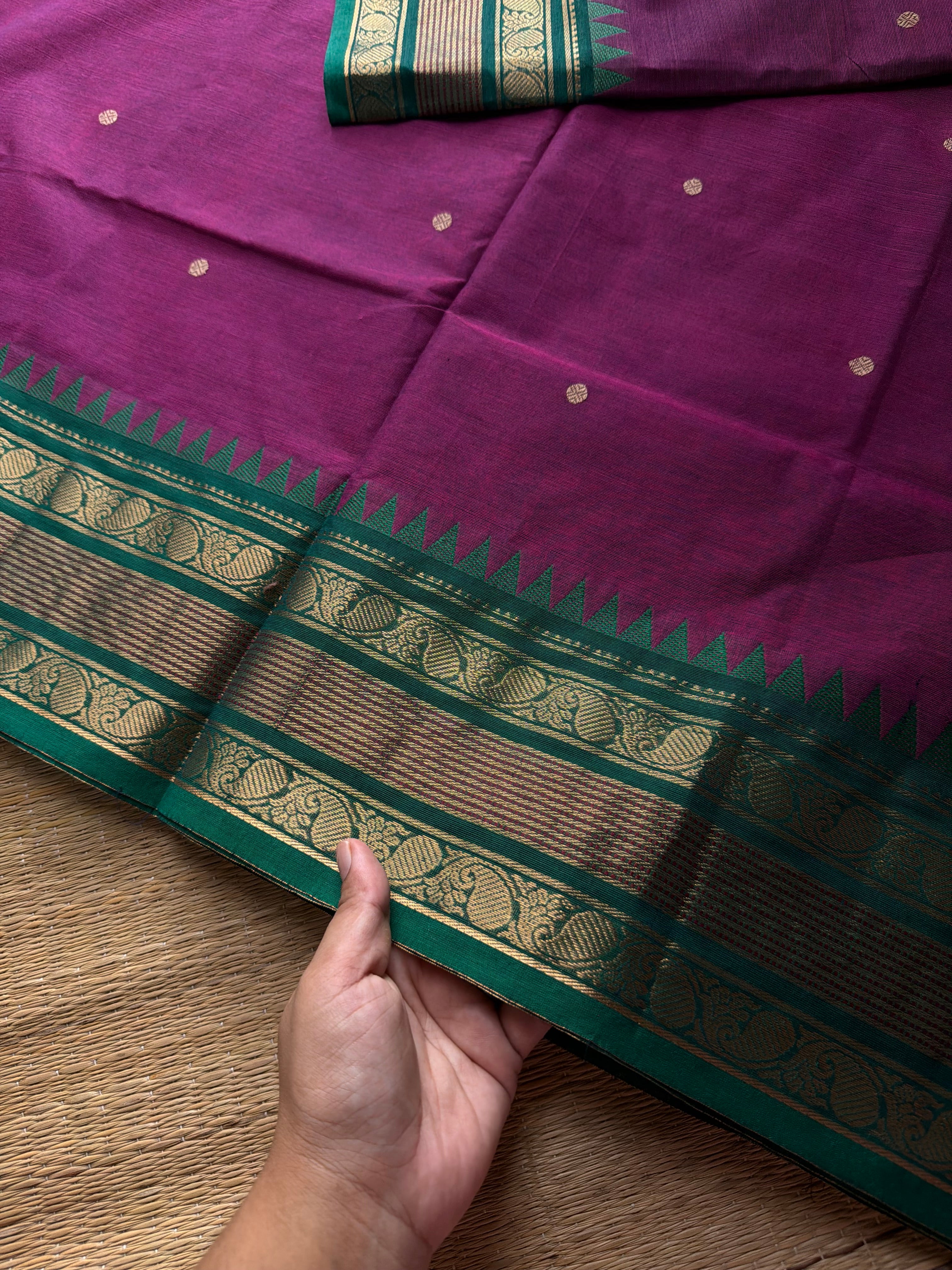 RF801 Magenta pink with green combination Kanchi cotton saree with handmade thread buttas
