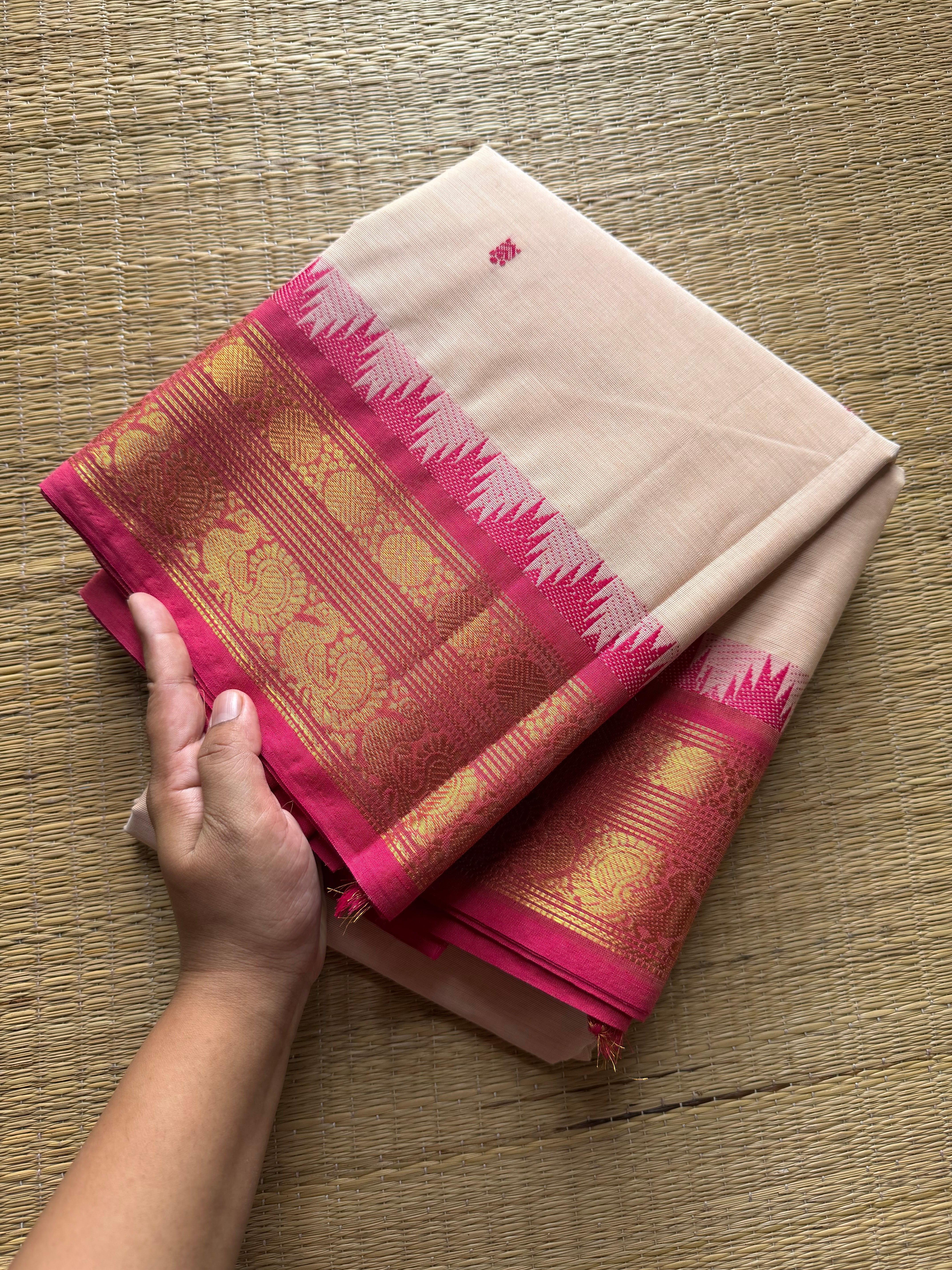 RF404 Half white with pink combination Kanchi Cotton saree with hand made thread buttas