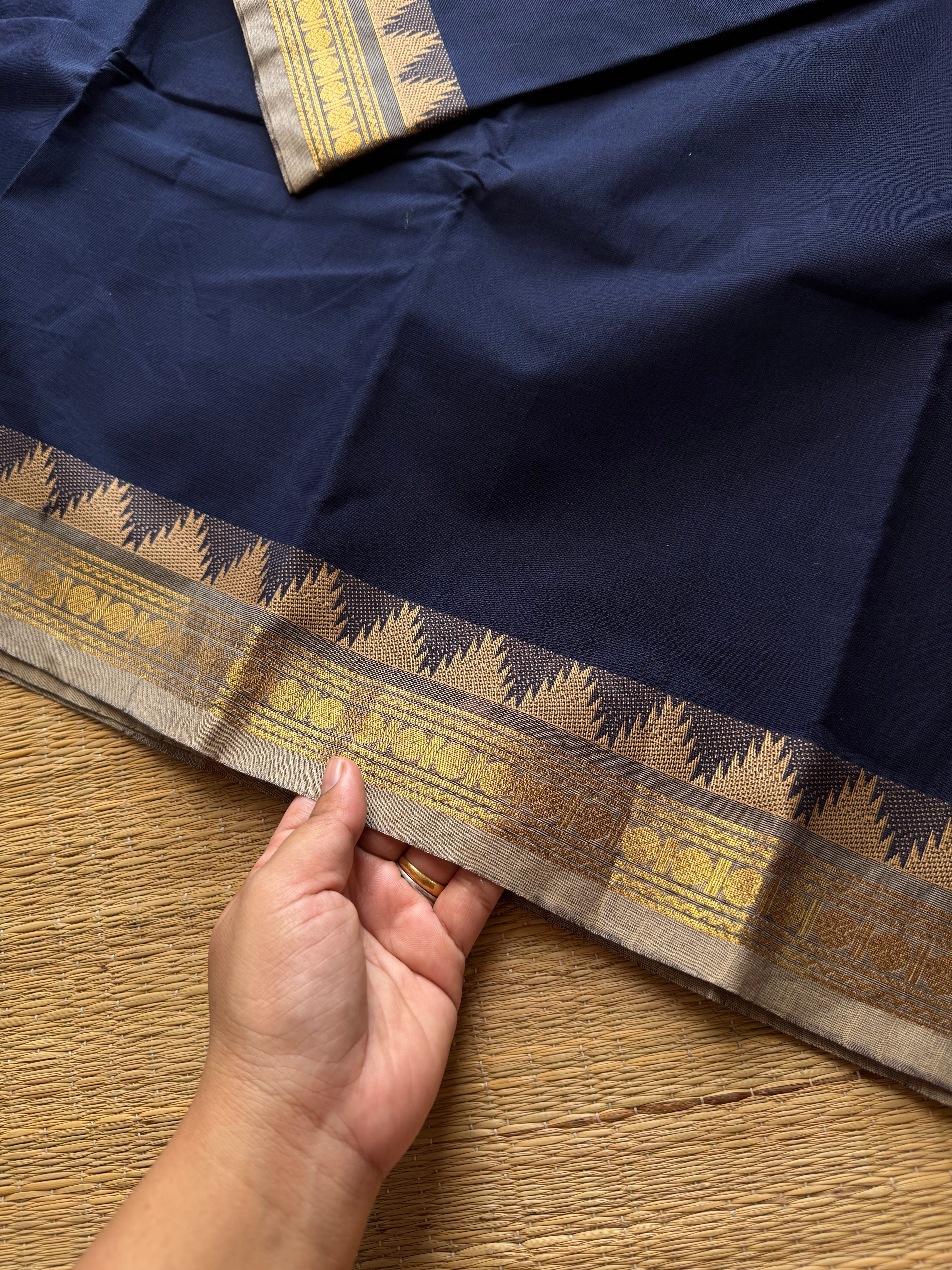 RF505 Navy blue with grey combination small border Thazhampoo pattern Kanchi cotton saree