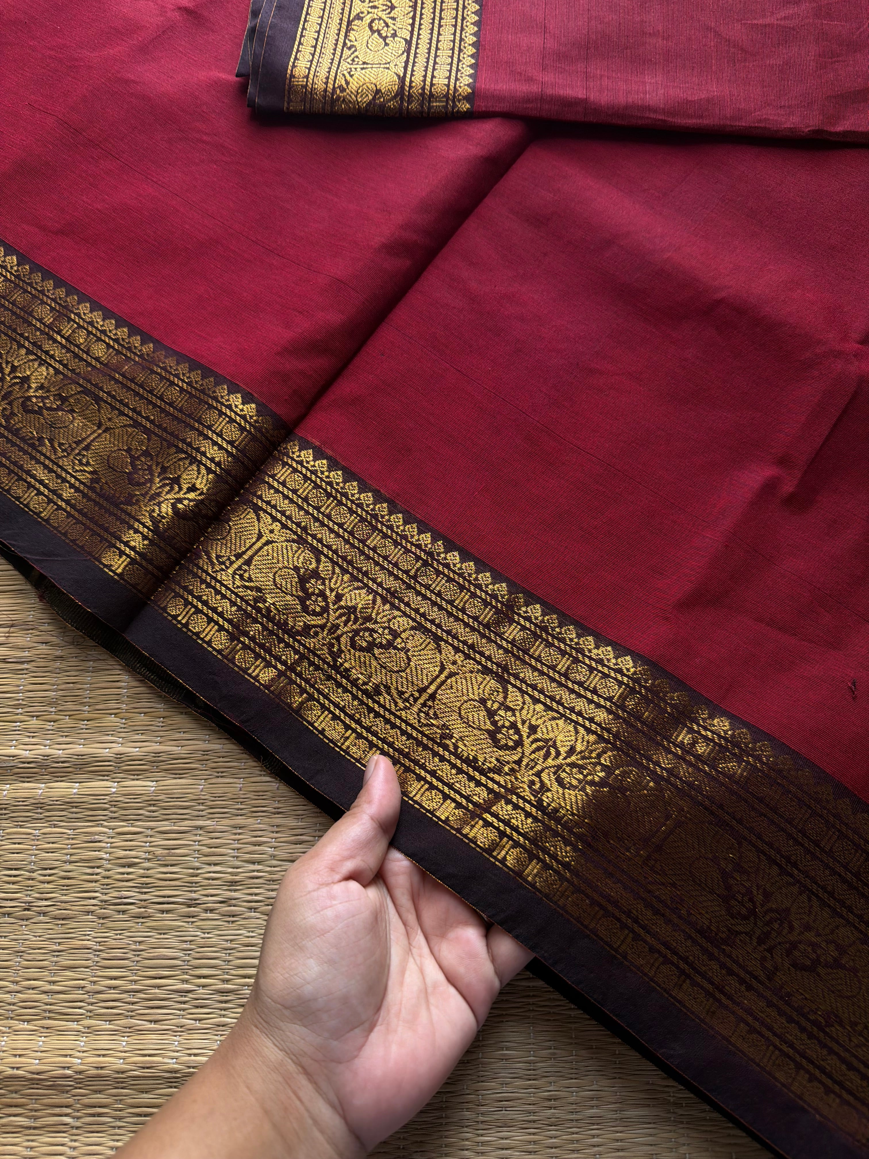 RF1029 Reddish maroon with brown combination Kanchi cotton saree