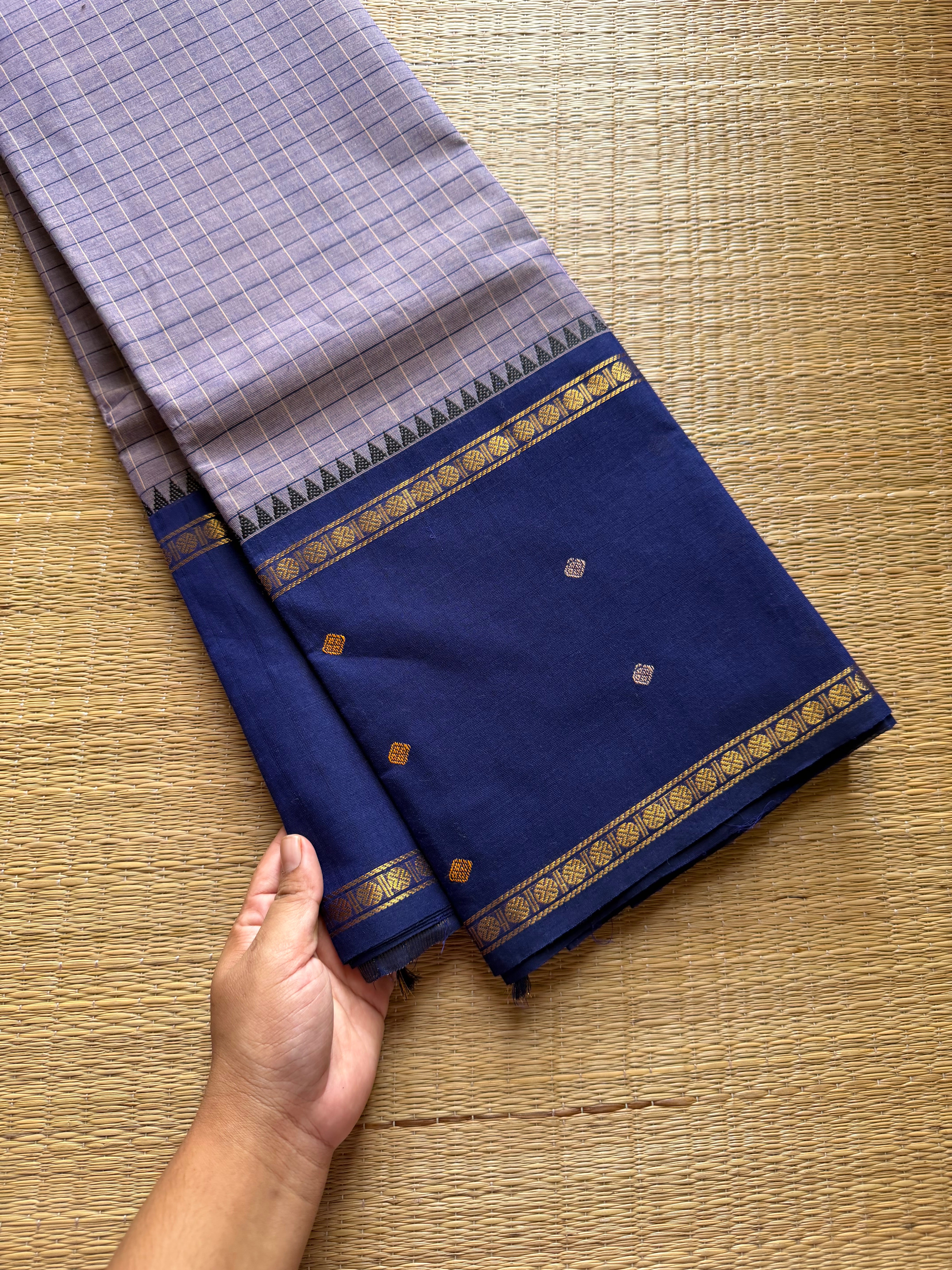 Greyish blue shade Vintage Border Kanchi Cotton Saree With kattam / checks pattern & handwoven Buttas on the border