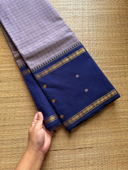Greyish blue shade Vintage Border Kanchi Cotton Saree With kattam / checks pattern & handwoven Buttas on the border