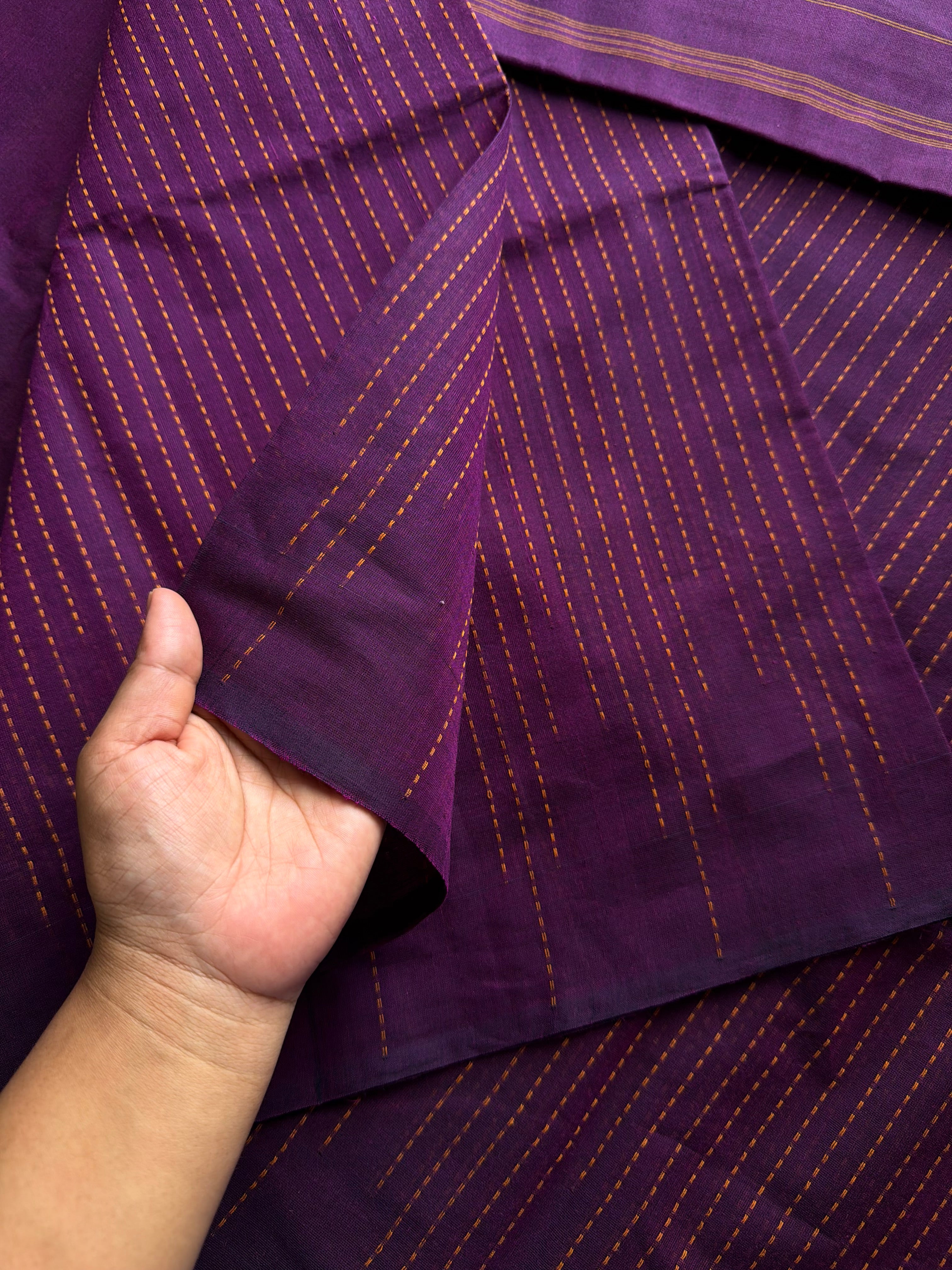 RF957 Purple ~ Soft Kanchi Cotton Saree with fully vertical thread lines Vairaoosi pattern