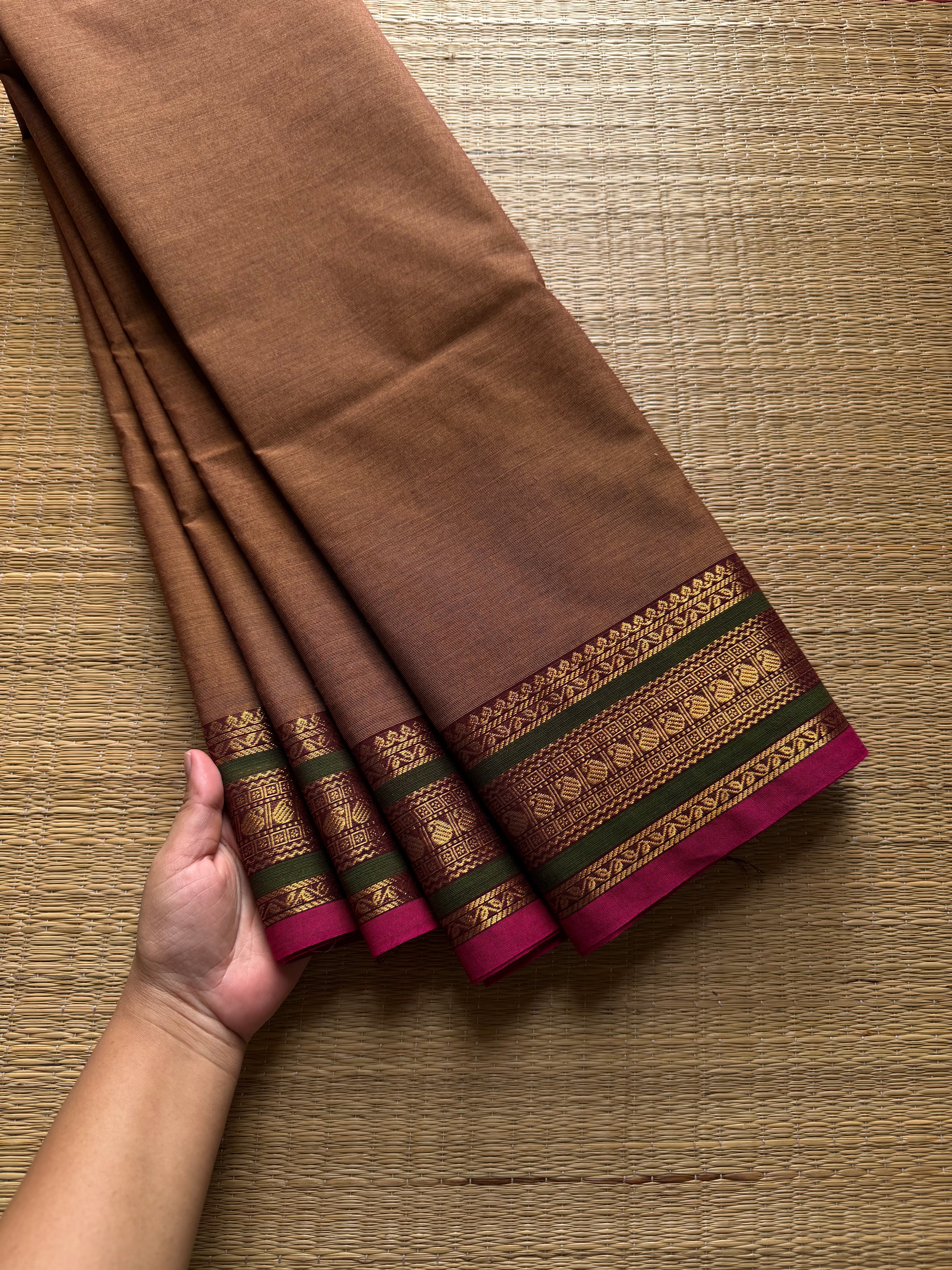 RF484 Honey & tan mixed shade Kanchi cotton saree with contrast multi color silk saree inspired border