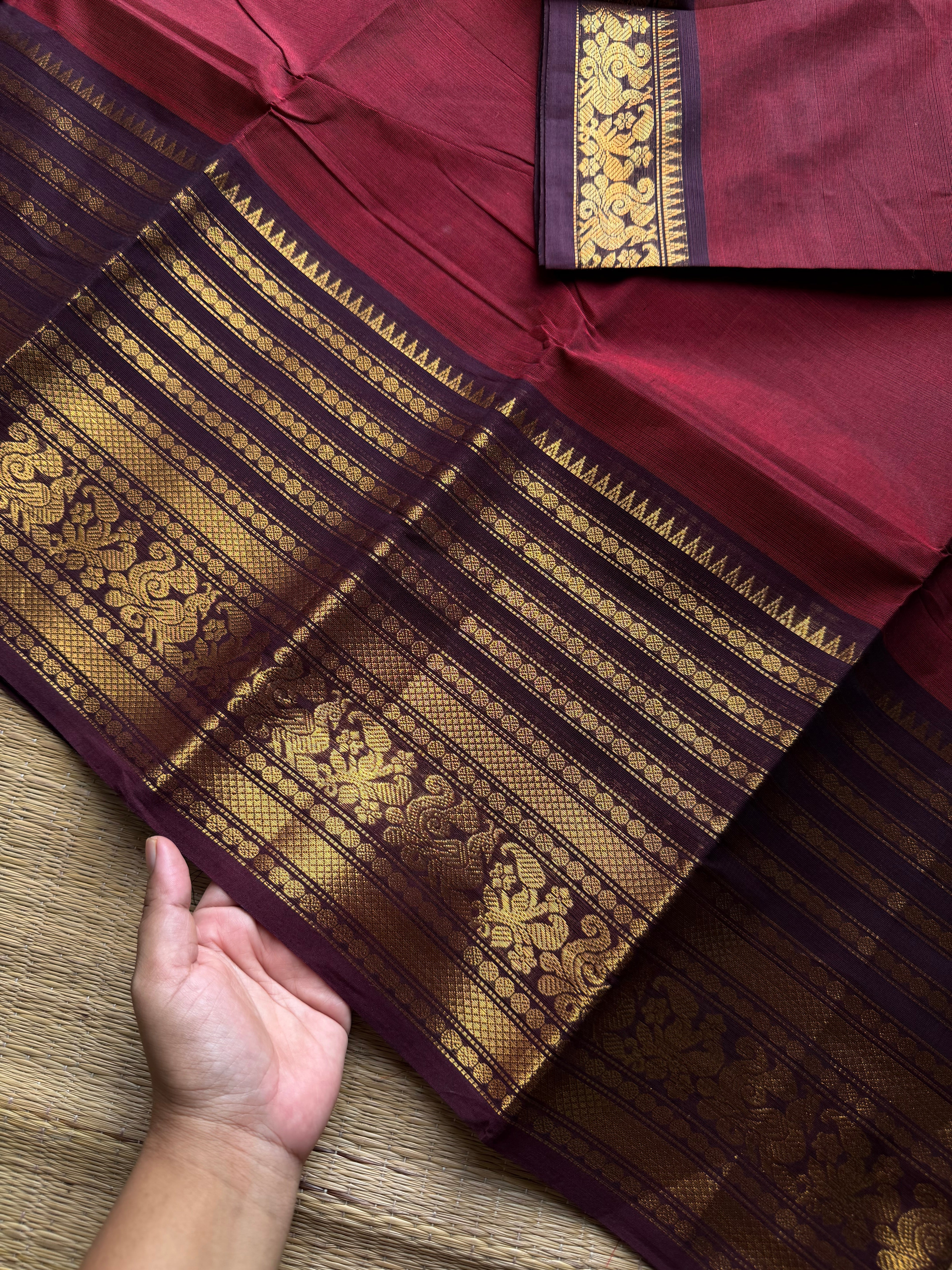 RF1038 Reddish maroon with brown ~ Silk Saree Inspired Varisaipet big / long border Kanchi cotton saree