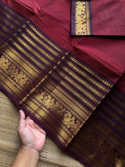 RF1038 Reddish maroon with brown ~ Silk Saree Inspired Varisaipet big / long border Kanchi cotton saree