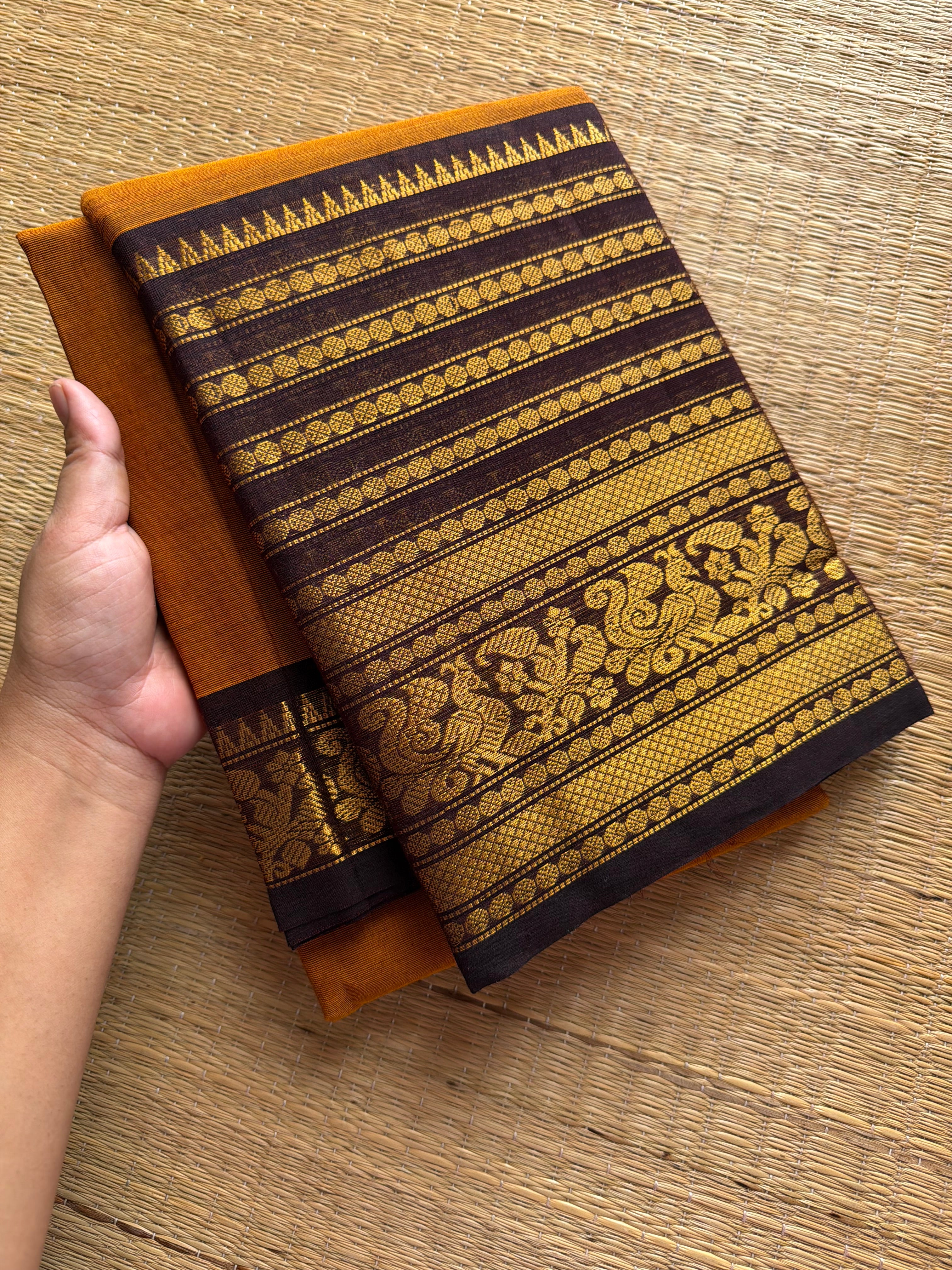 Mustard with brown combination big Zari Varisaipet border Kanchi cotton saree