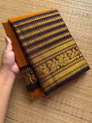 Mustard with brown combination big Zari Varisaipet border Kanchi cotton saree