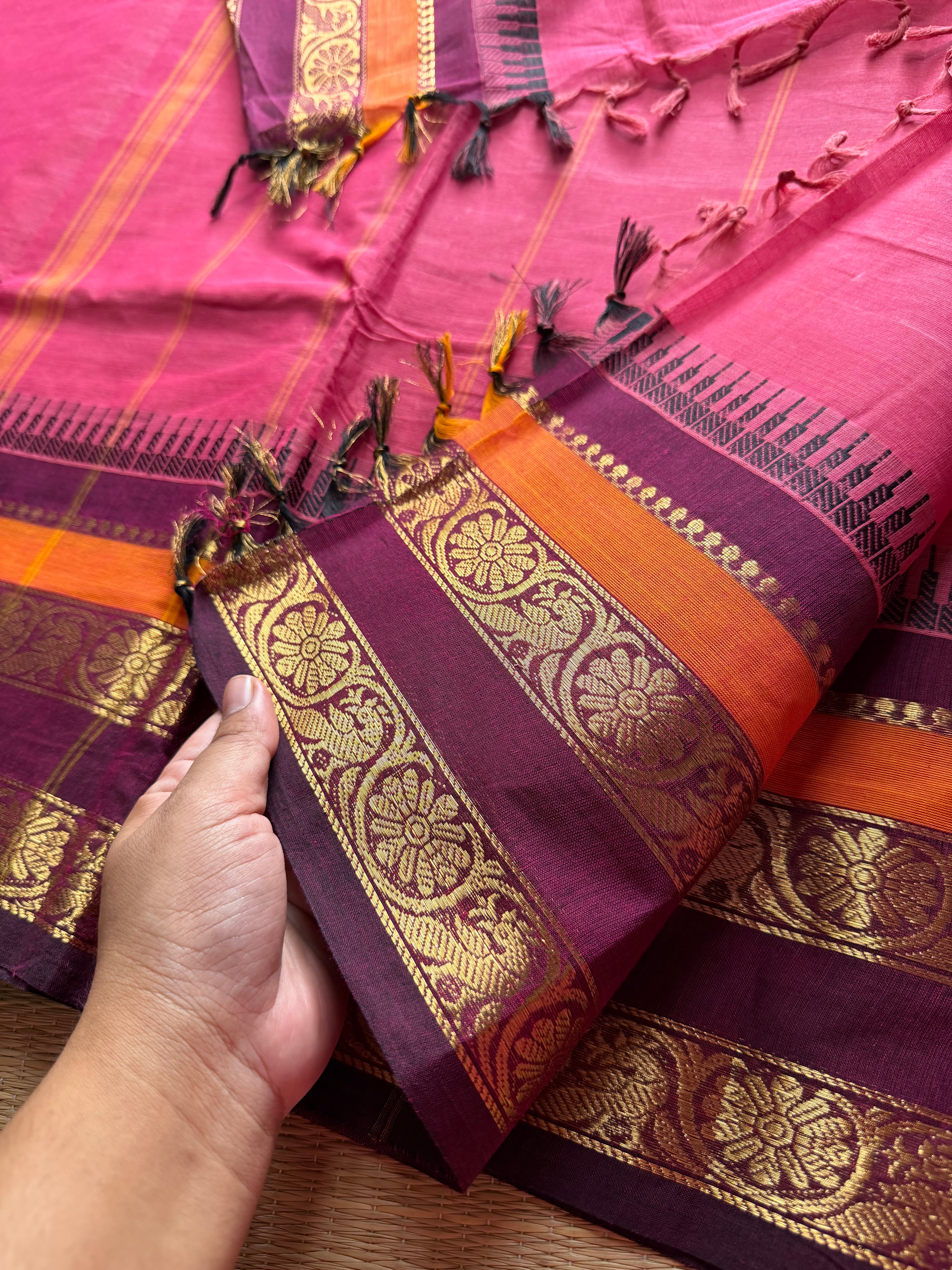 RF628 Pink shade Kanchi cotton saree with unique flower and peacock pattern border
