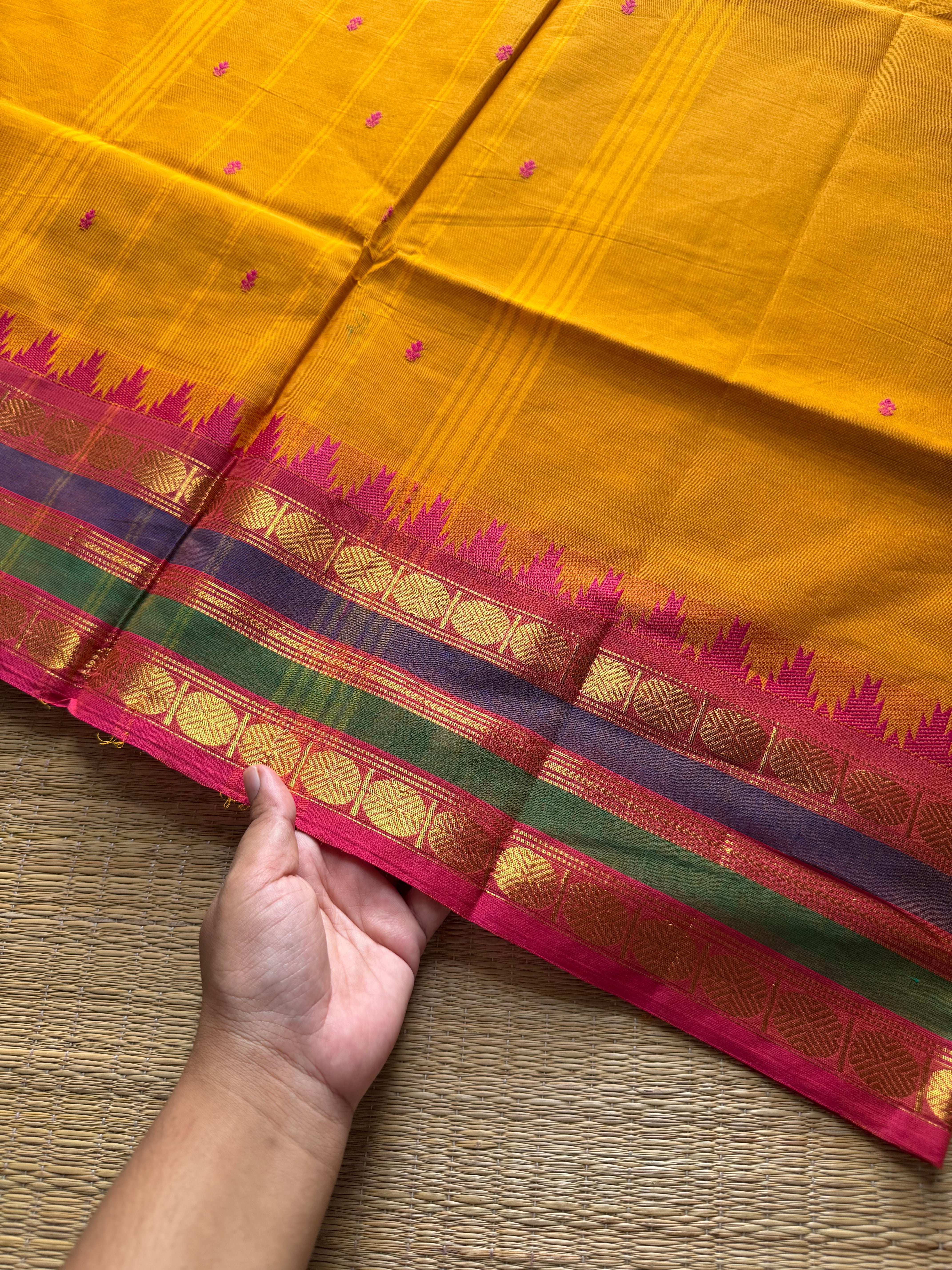 RF735 Dual tone mustard yellow shade Kanchi cotton saree with multicolour Thazhampoo pattern border and handmade thread buttas