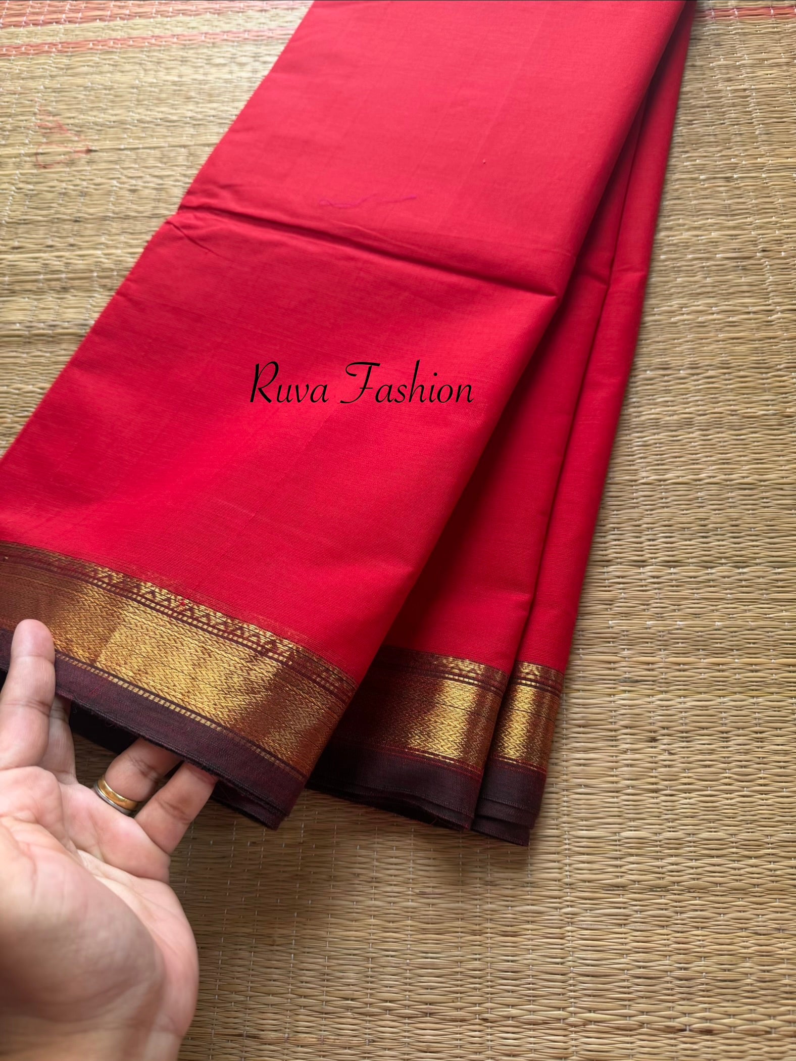 RF105 Red with brown combination small Zari border Kanchi cotton saree