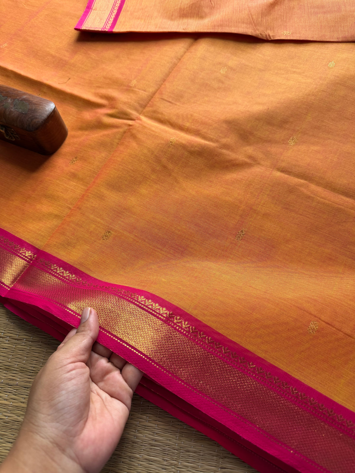Mango shade with pink combination small border Kanchi cotton saree with handmade golden Zari Buttas