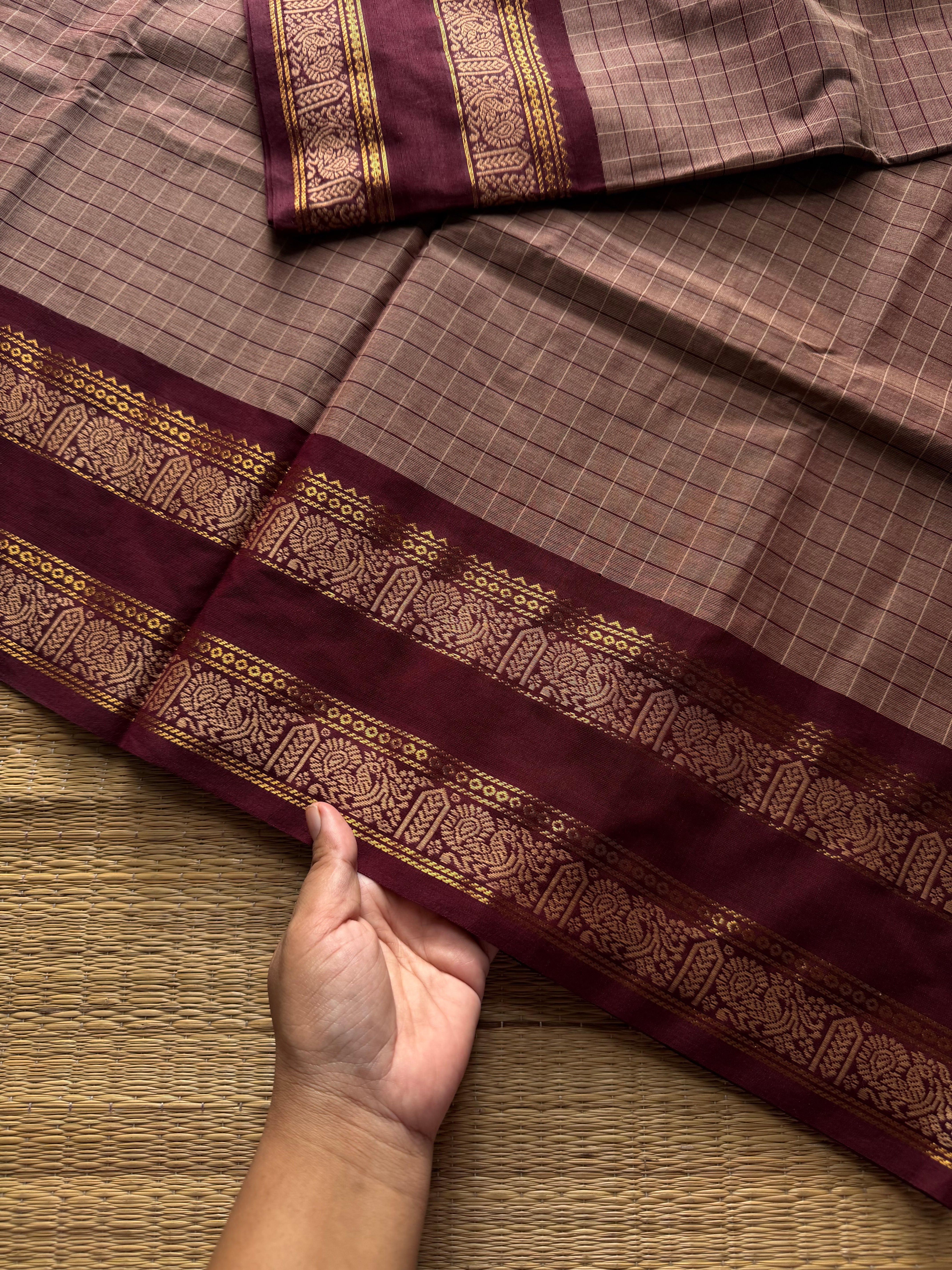 RF1250 Vintage Kattam ~ Biscuit shade with maroon Premium Kanchi Cotton Saree with Minimal Zari & checks pattern