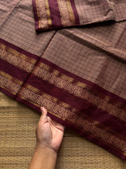 RF1250 Vintage Kattam ~ Biscuit shade with maroon Premium Kanchi Cotton Saree with Minimal Zari & checks pattern