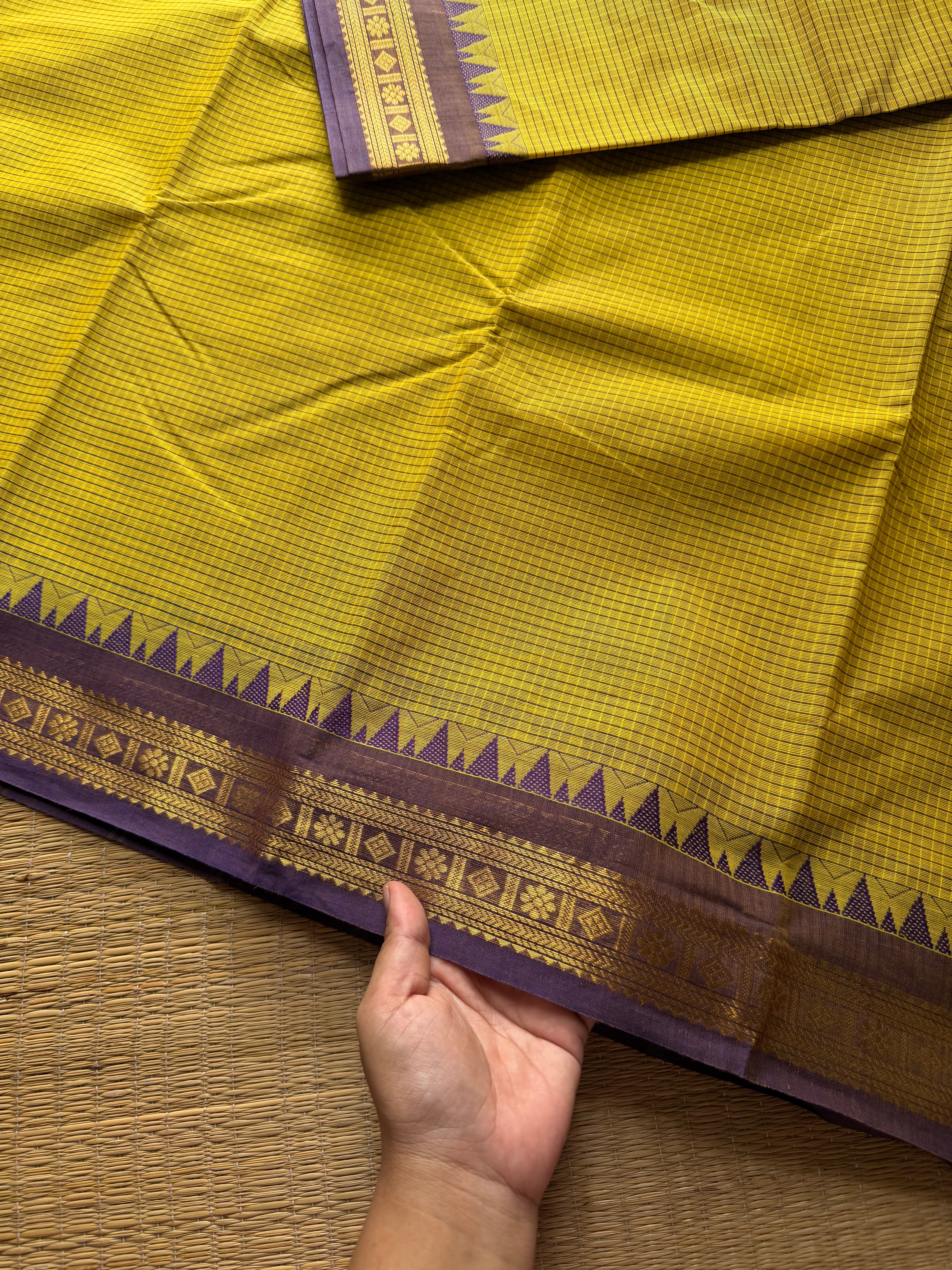 RF108 Premium small border vintage  Podikattam Kanchi cotton saree with Mustard Yellow and light purple shade