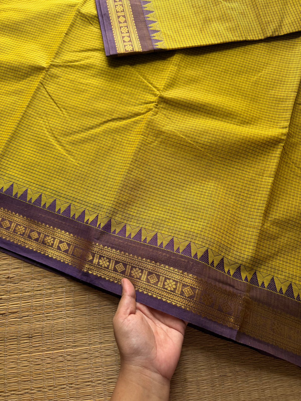 RF108 Premium small border vintage  Podikattam Kanchi cotton saree with Mustard Yellow and light purple shade