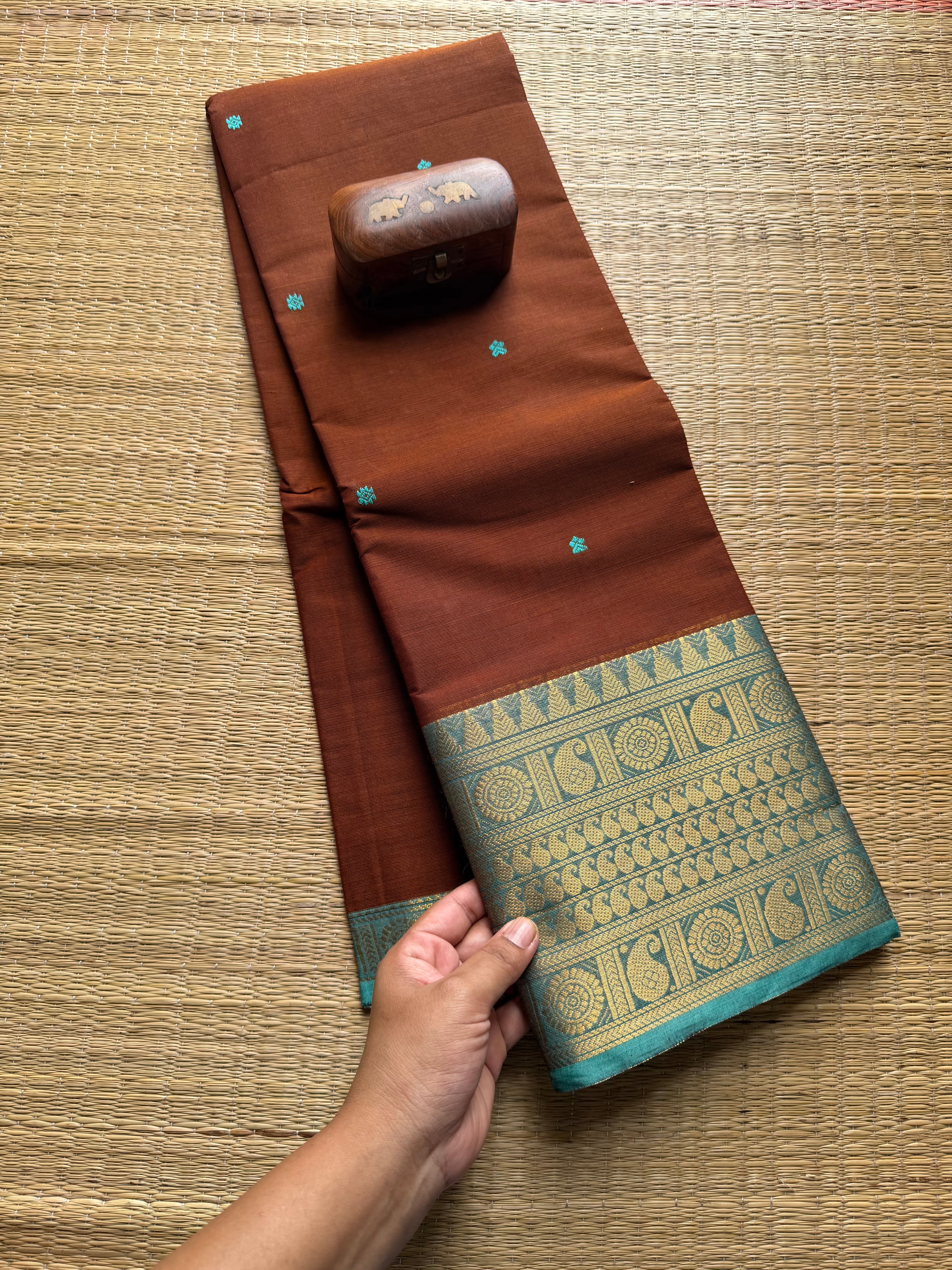 Honey Shade With Sky Blue Border Kanchi Cotton Saree With Handmade Thread Buttas