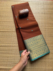 Honey Shade With Sky Blue Border Kanchi Cotton Saree With Handmade Thread Buttas