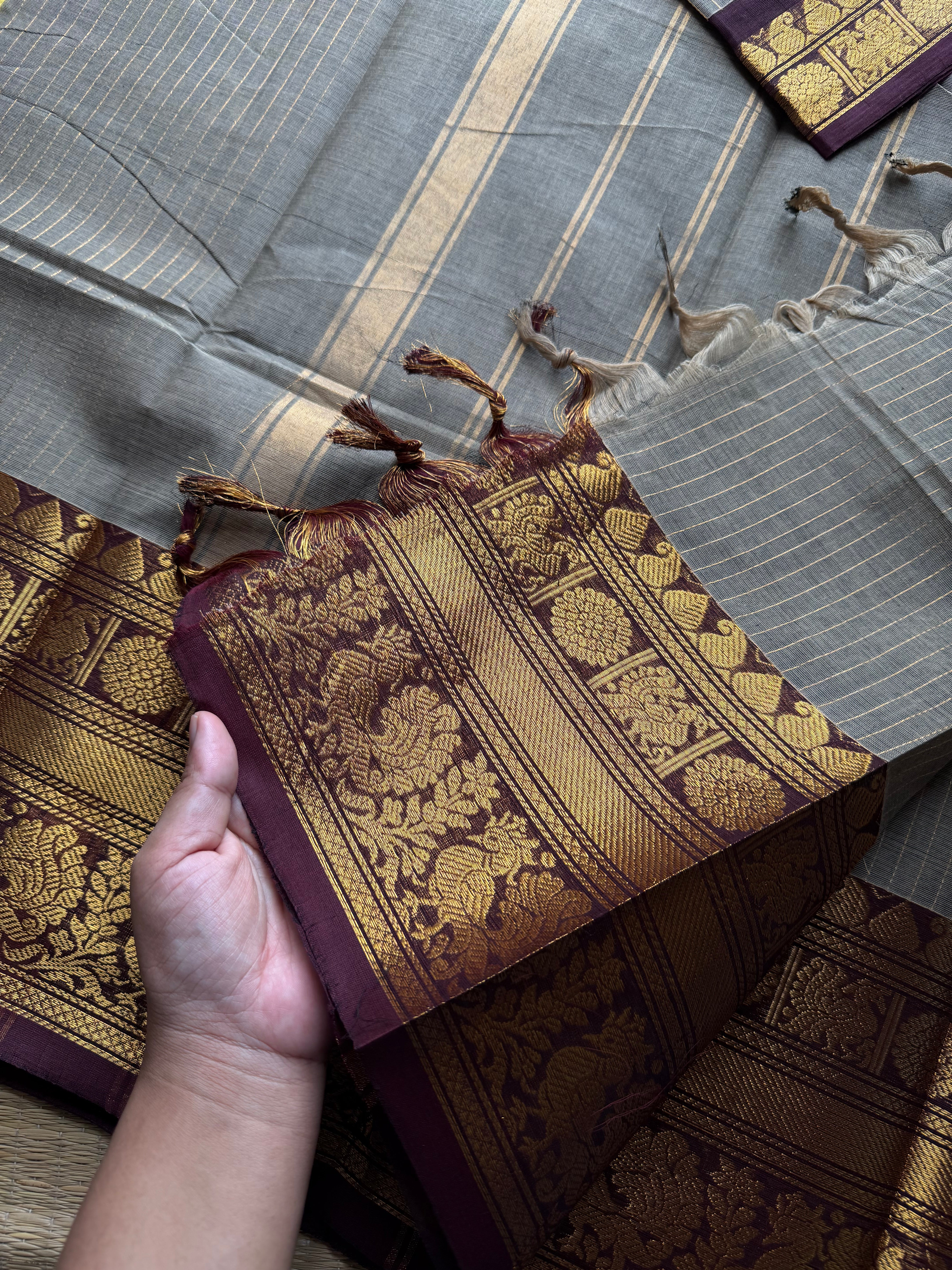 RF927 Grey with brown ~ Premium Kanchi Cotton Saree With golden Zari varia Oosi pattern