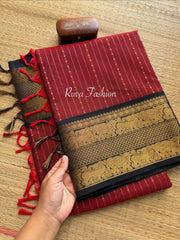 RF80 Reddish Maroon with Contrast Black Yazhi Pattern Border Premium Kanchi Cotton Saree With Vairaoosi Pattern & Rich Zari woven Pallu