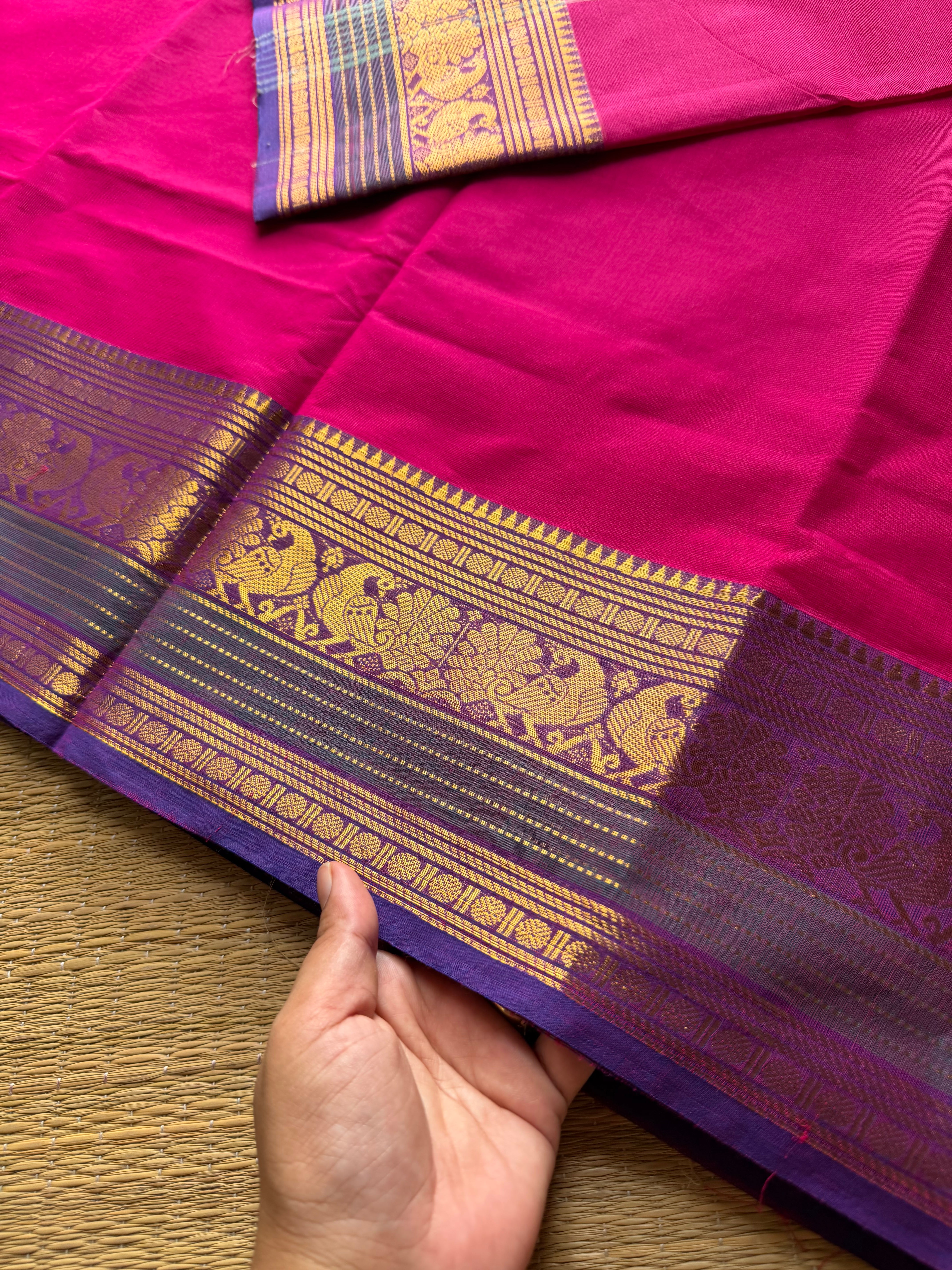 RF696 Rani pink shade ~ Silk Saree Inspired Kanchi Cotton saree multi color border