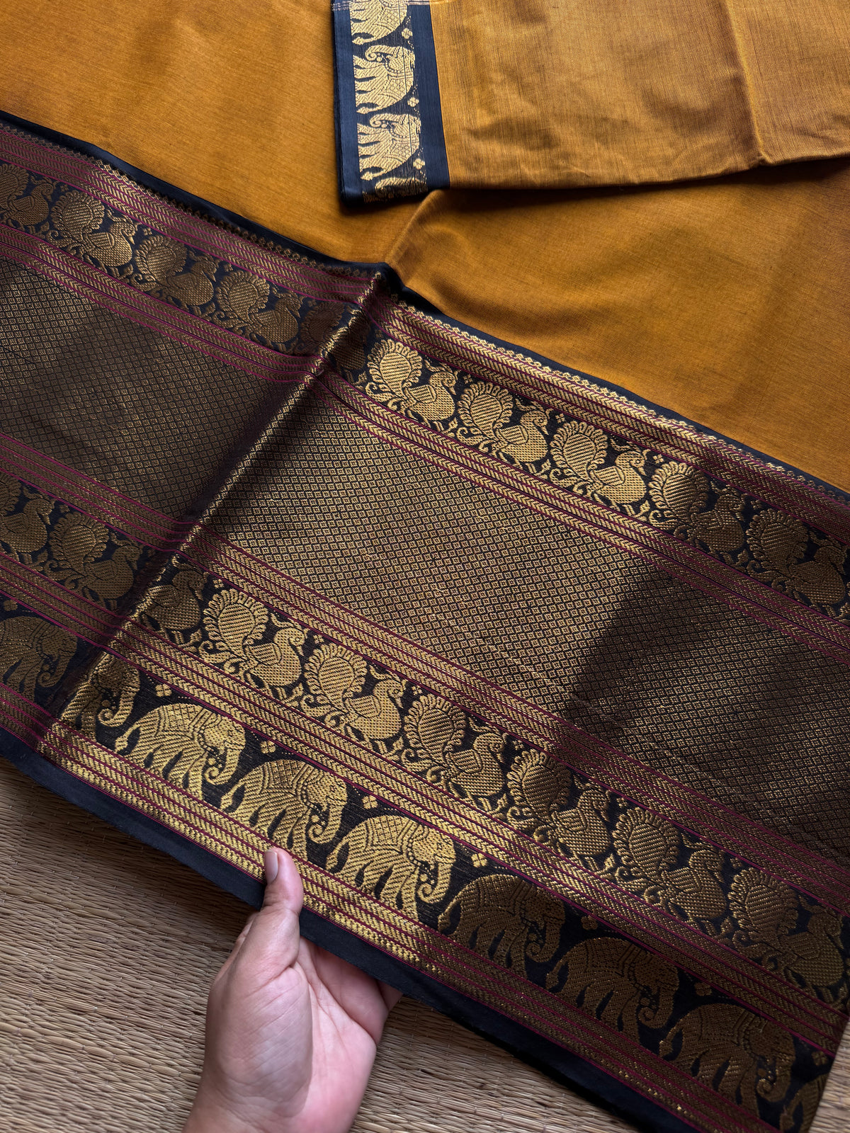 RF1191 Mustard with black ~ Long / Big border Kanchi cotton saree