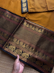RF1191 Mustard with black ~ Long / Big border Kanchi cotton saree