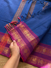 RF436 Royal Blue Shade Kanchi Kattam / Checks Pattern Saree with contrast  magenta pink border