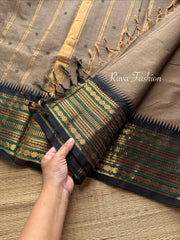 RF17 Grey With Contrast Black Zari Border Kanchi Cotton Saree With Handmade Thread Buttas - RF17
