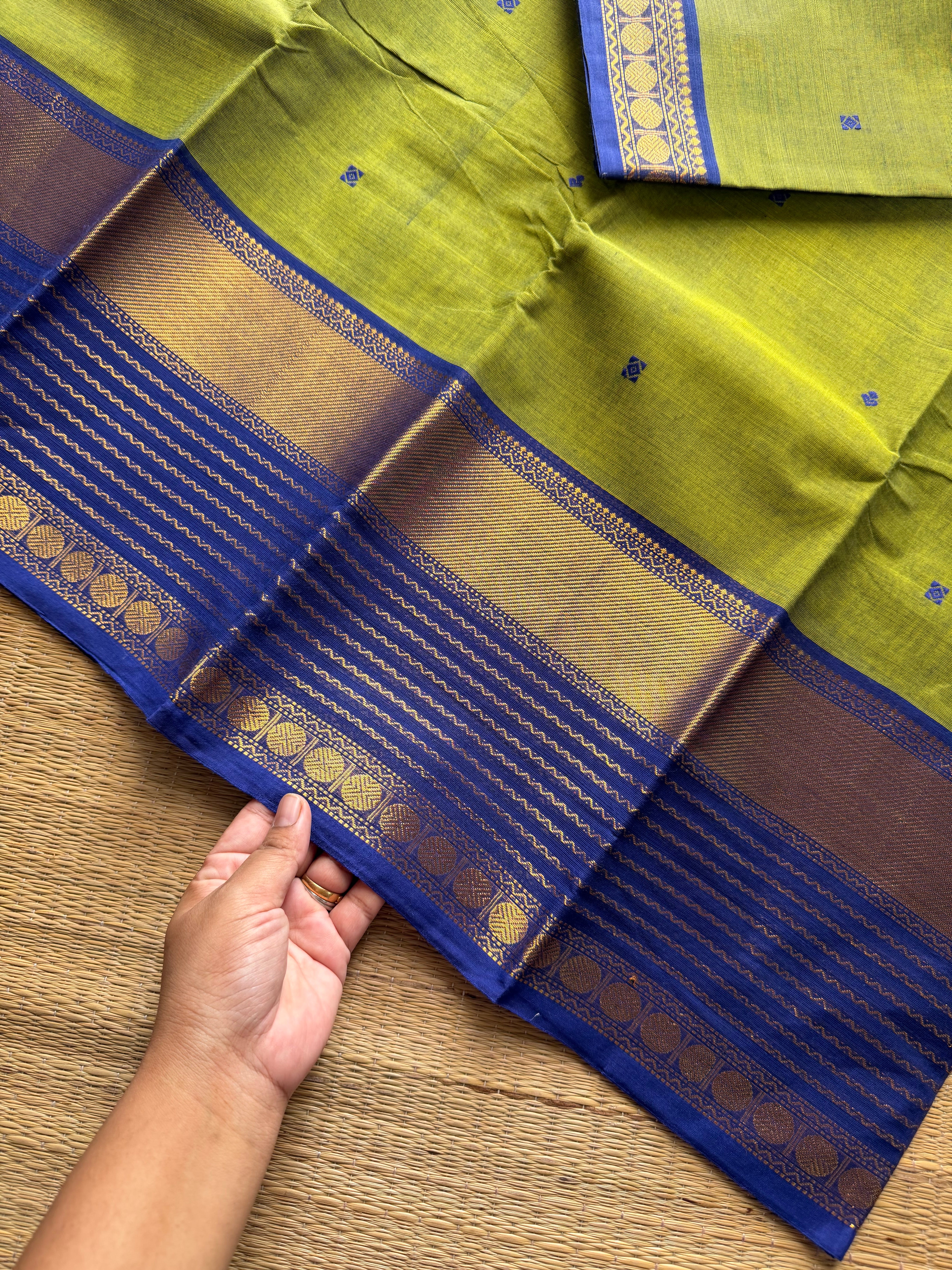 RF1214 Dual tone green with blue combination Kanchi cotton saree with handmade thread buttas