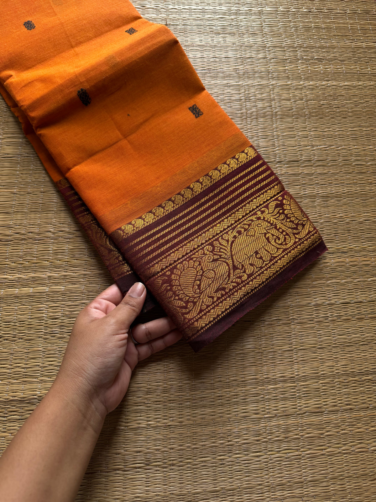 RF855 Orange with brown combination Kanchi cotton saree with handmade thread buttas