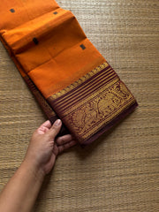 RF855 Orange with brown combination Kanchi cotton saree with handmade thread buttas
