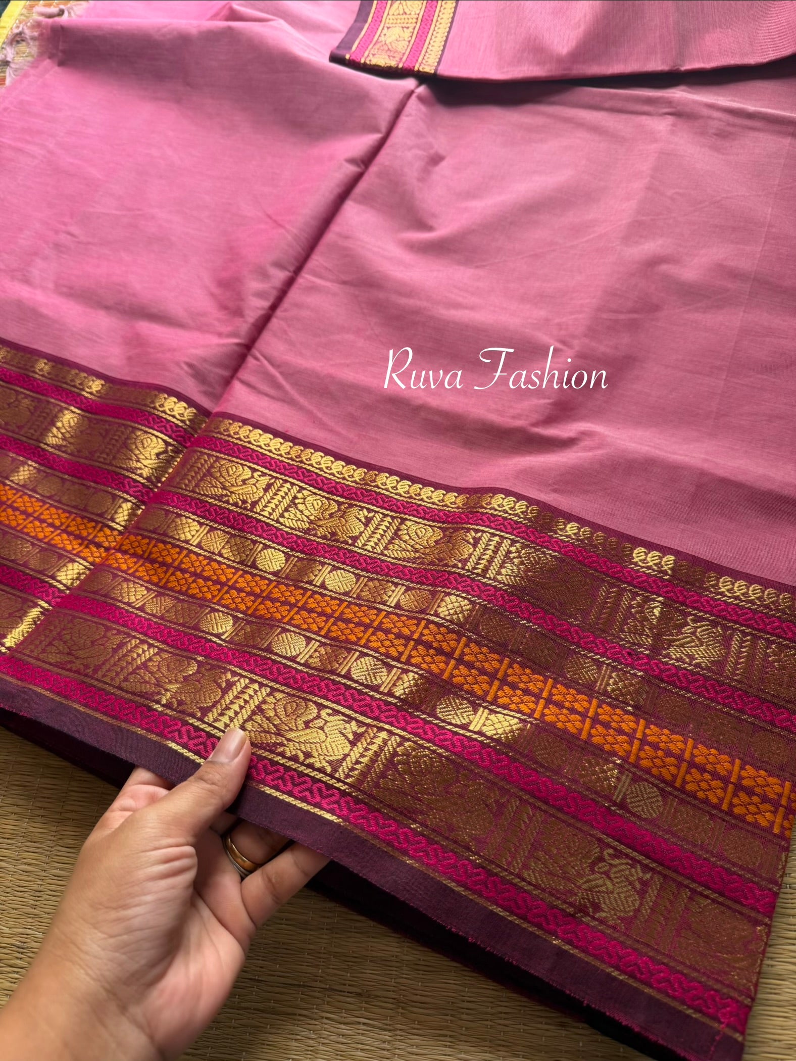 RF112 Pastel Pink Shade With Contrast Brown Varisaipet pet border Kanchi cotton saree