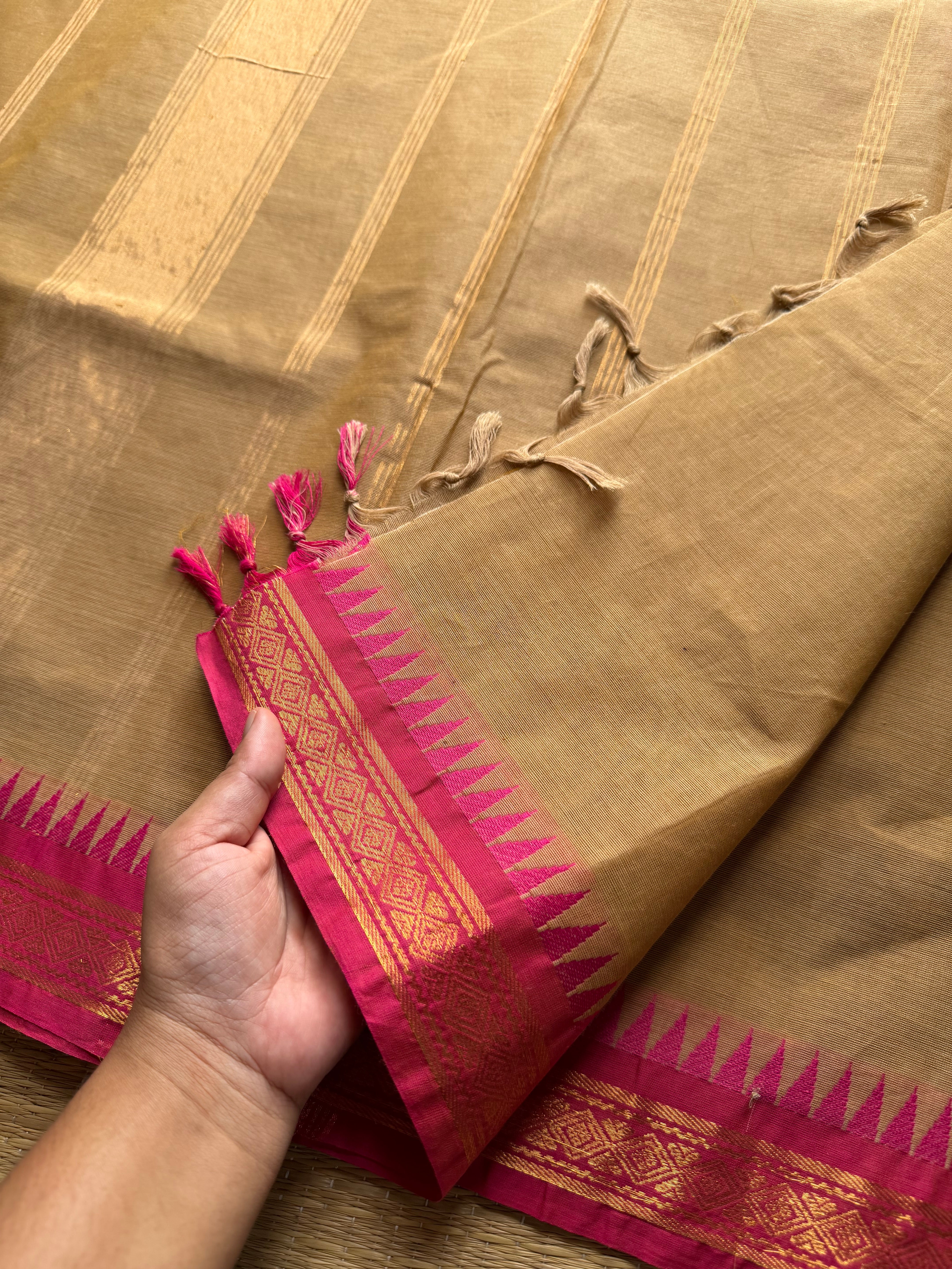 Cream with pink small border Kanchi cotton saree