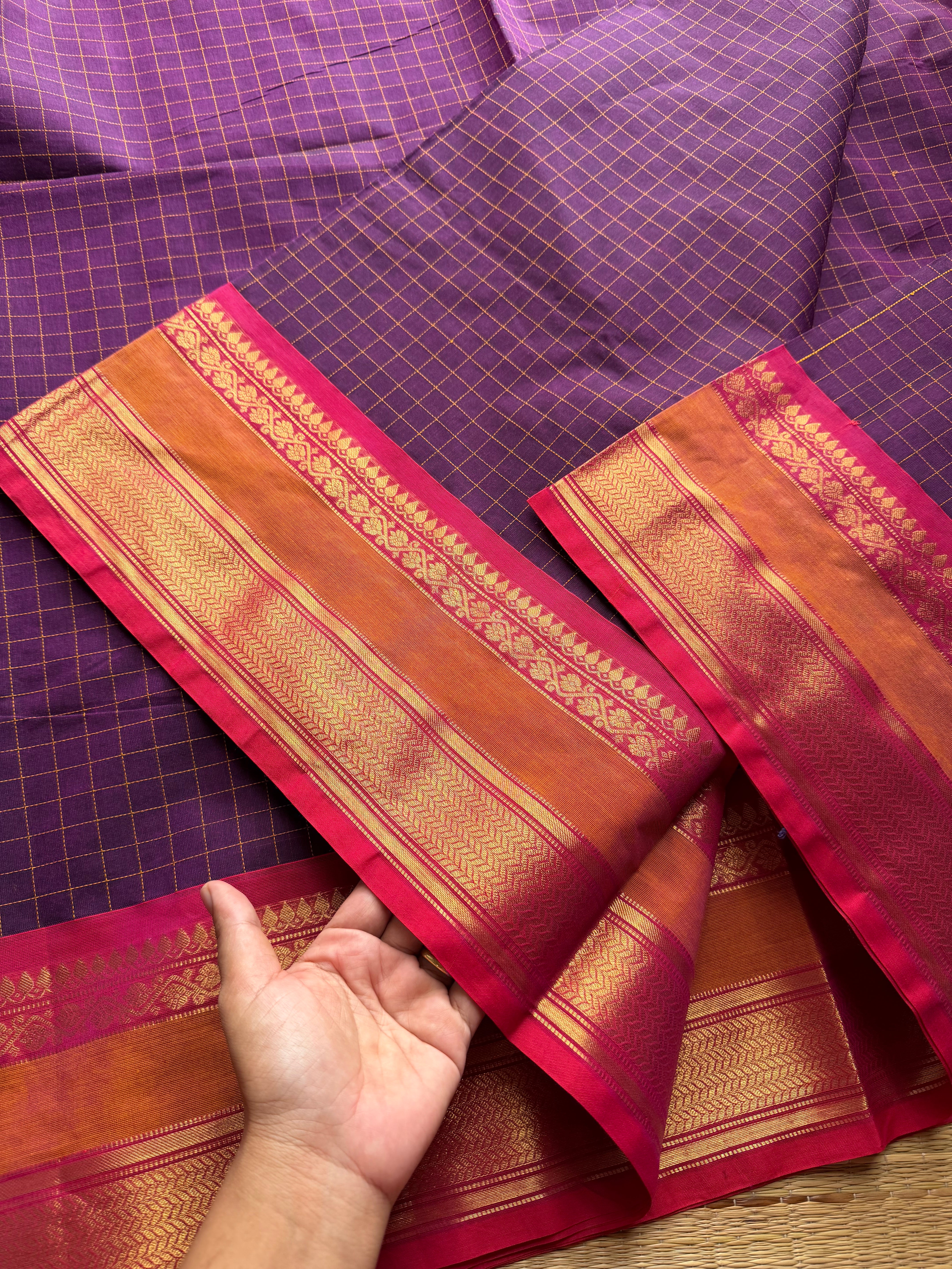 RF66 Purple shade Premium Kanchi Cotton saree with checks pattern & With Rich Zari woven Pallu
