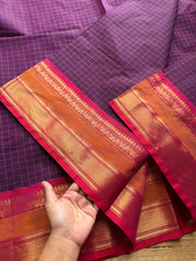 RF66 Purple shade Premium Kanchi Cotton saree with checks pattern & With Rich Zari woven Pallu
